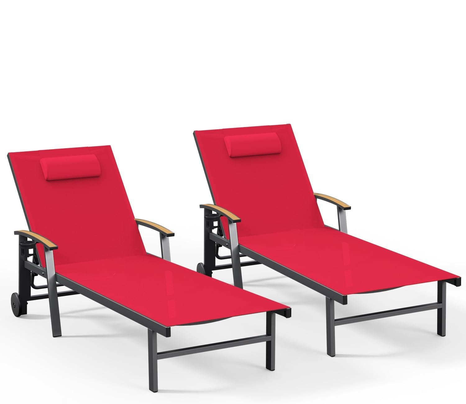 Ciokea Outdoor Lounge Chair with Pillow, 5-Position Aluminum Chaise Lounge with Wheels & Armrests, 400 lbs Heavy Duty Patio Pool Chair for Deck, Backyard, Beach & Poolside, Khaki