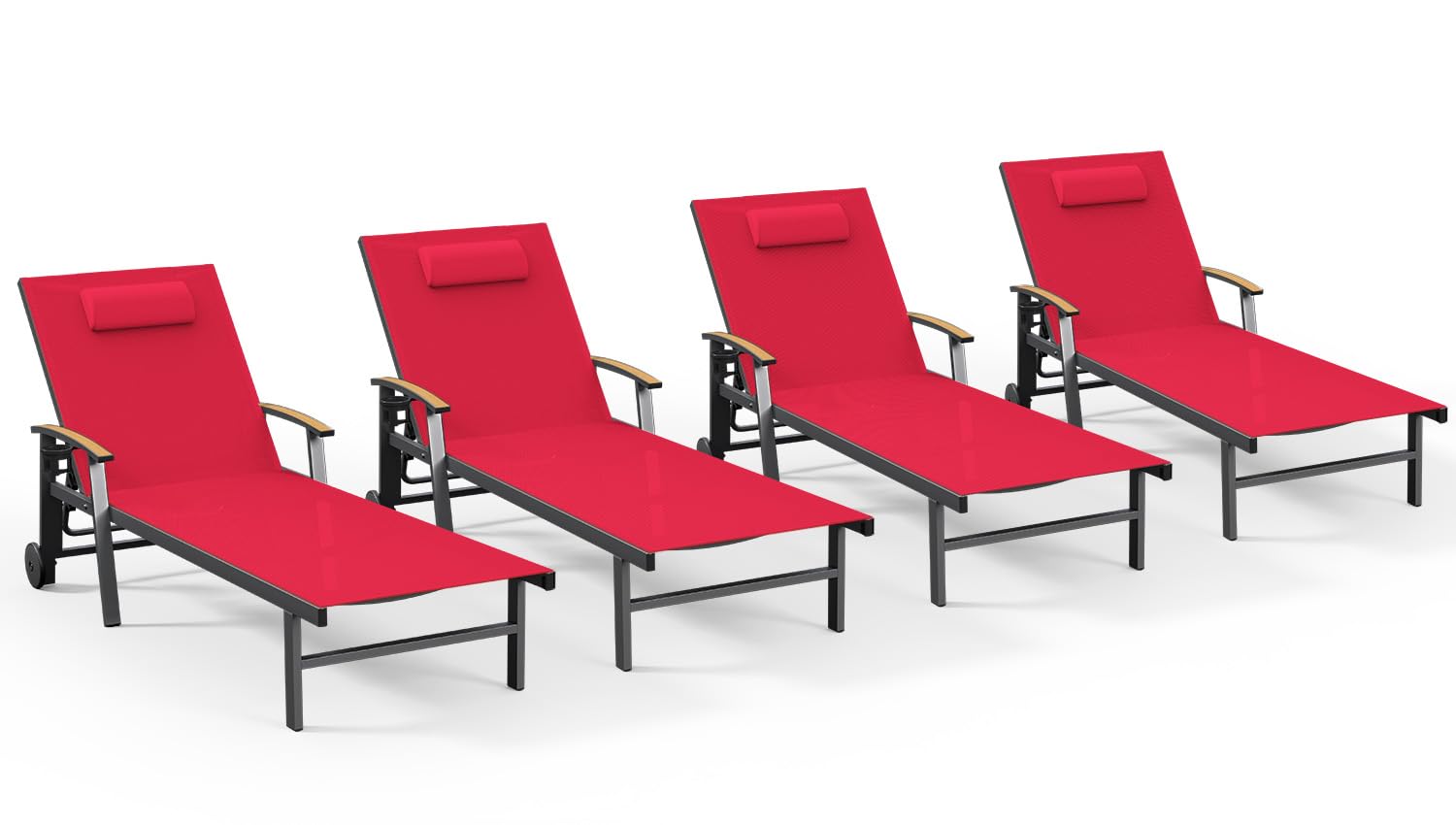 Ciokea Outdoor Lounge Chair with Pillow, 5-Position Aluminum Chaise Lounge with Wheels & Armrests, 400 lbs Heavy Duty Patio Pool Chair for Deck, Backyard, Beach & Poolside, Khaki