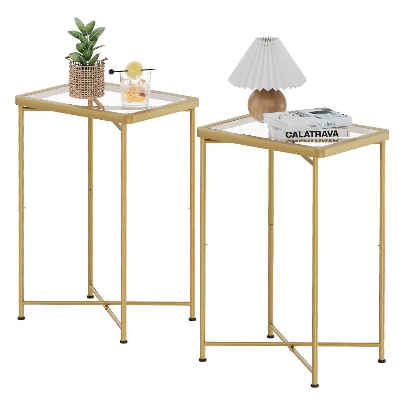 Garden 4 you Small Side Table, Glass End Table Set of 2, Black Outdoor Side Table with Metal Frame, Mini Bedside Table for Living Room, Bedroom, Patio, Small Space, 2pcs