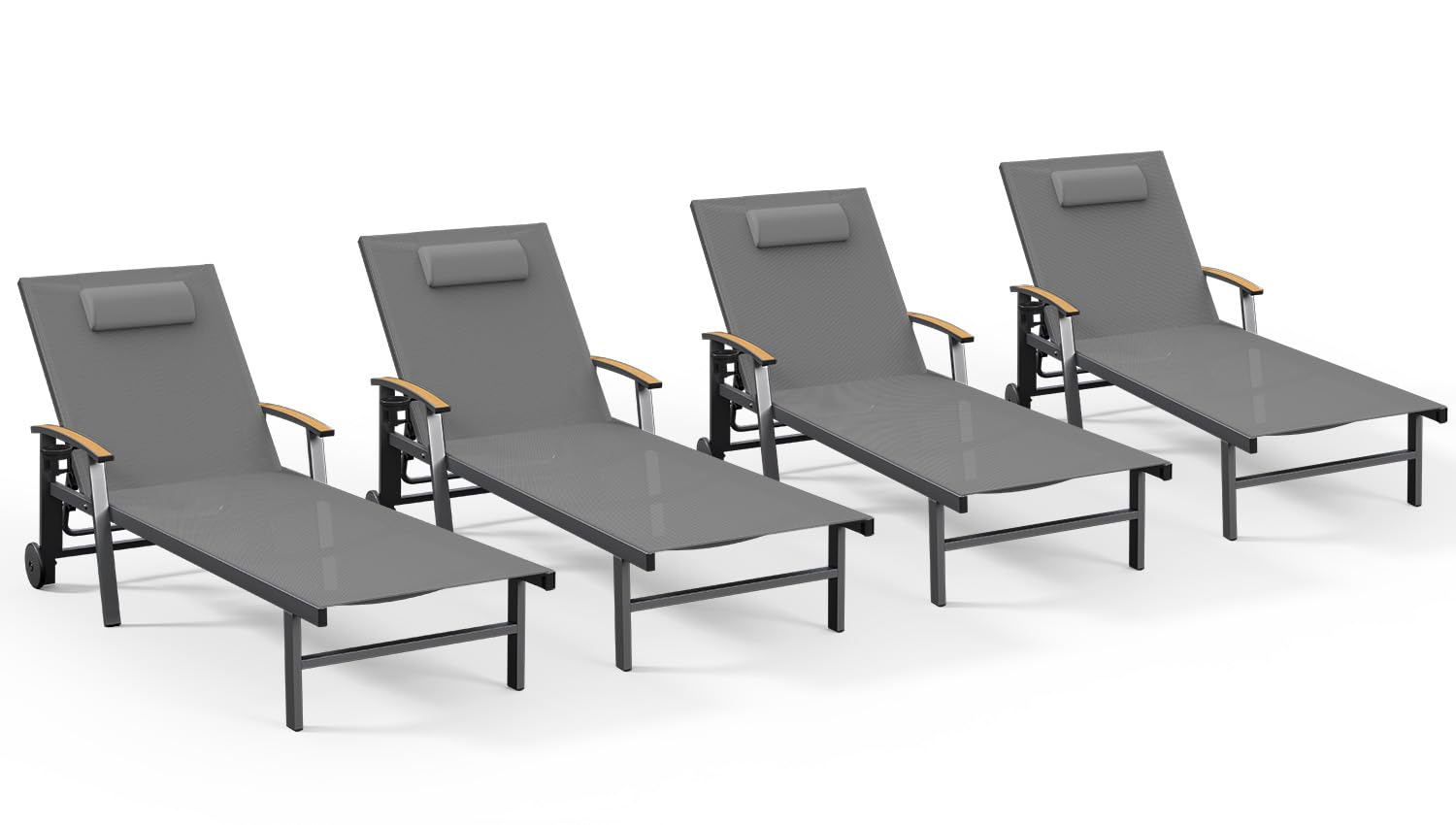 Ciokea Outdoor Lounge Chair with Pillow, 5-Position Aluminum Chaise Lounge with Wheels & Armrests, 400 lbs Heavy Duty Patio Pool Chair for Deck, Backyard, Beach & Poolside, Khaki