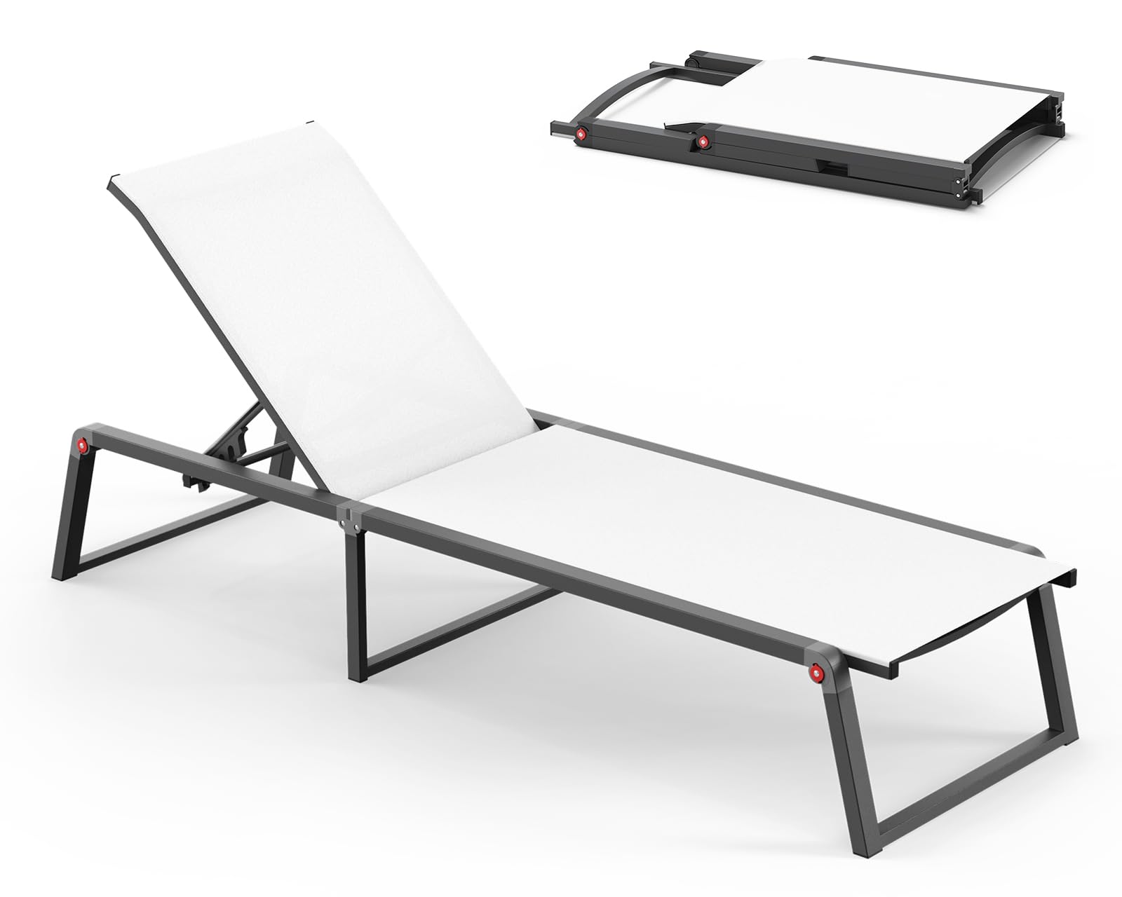 Aluminum Chaise Lounge Chair Outdoor, Foldable & No Assembly Pool Lounge Chairs 5-Position Recliner for Outside Poolside, Fully Grounded Legs Patio Sun Lounger for Pool, Beach, Yard, Dark Grey