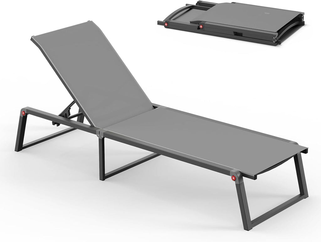 Aluminum Chaise Lounge Chair Outdoor, Foldable & No Assembly Pool Lounge Chairs 5-Position Recliner for Outside Poolside, Fully Grounded Legs Patio Sun Lounger for Pool, Beach, Yard, Dark Grey