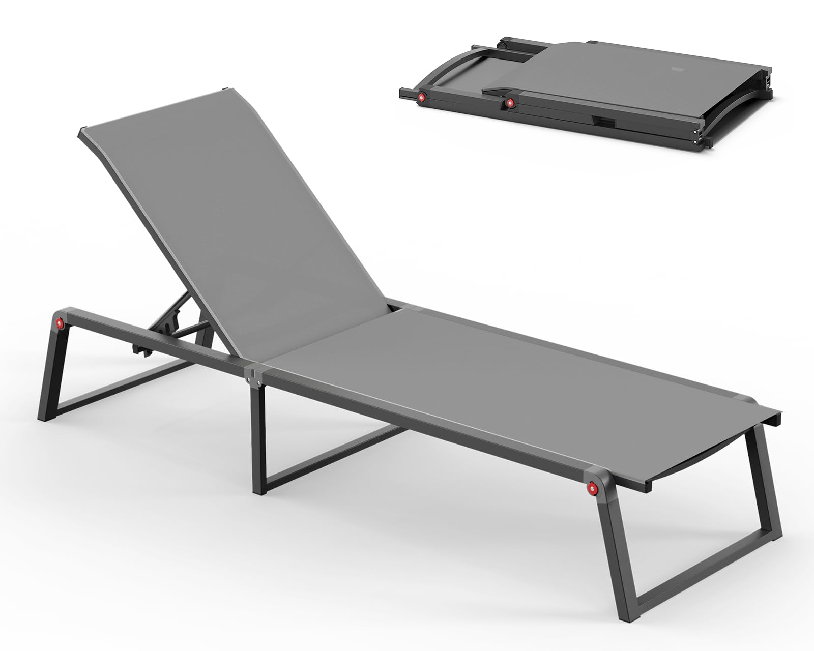 Aluminum Chaise Lounge Chair Outdoor, Foldable & No Assembly Pool Lounge Chairs 5-Position Recliner for Outside Poolside, Fully Grounded Legs Patio Sun Lounger for Pool, Beach, Yard, Dark Grey