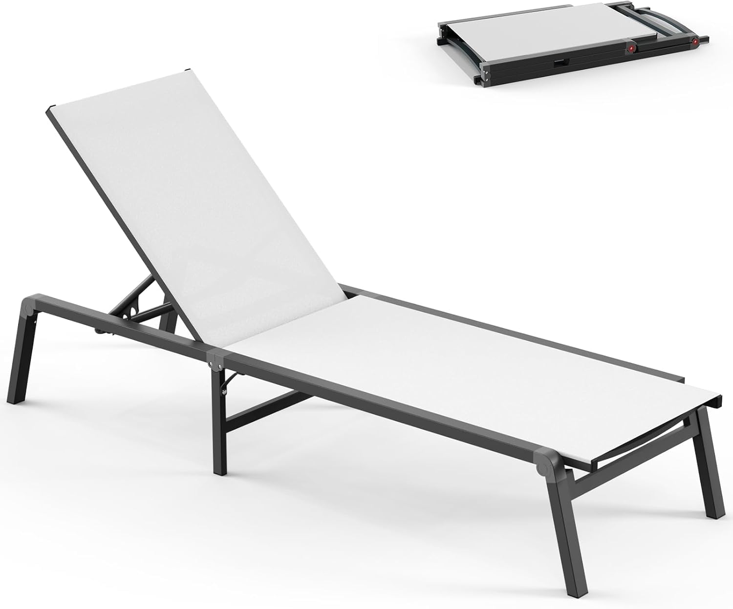 Aluminum Chaise Lounge Chair Outdoor, Foldable & No Assembly Pool Lounge Chairs 5-Position Recliner for Outside Poolside, Fully Grounded Legs Patio Sun Lounger for Pool, Beach, Yard, Dark Grey