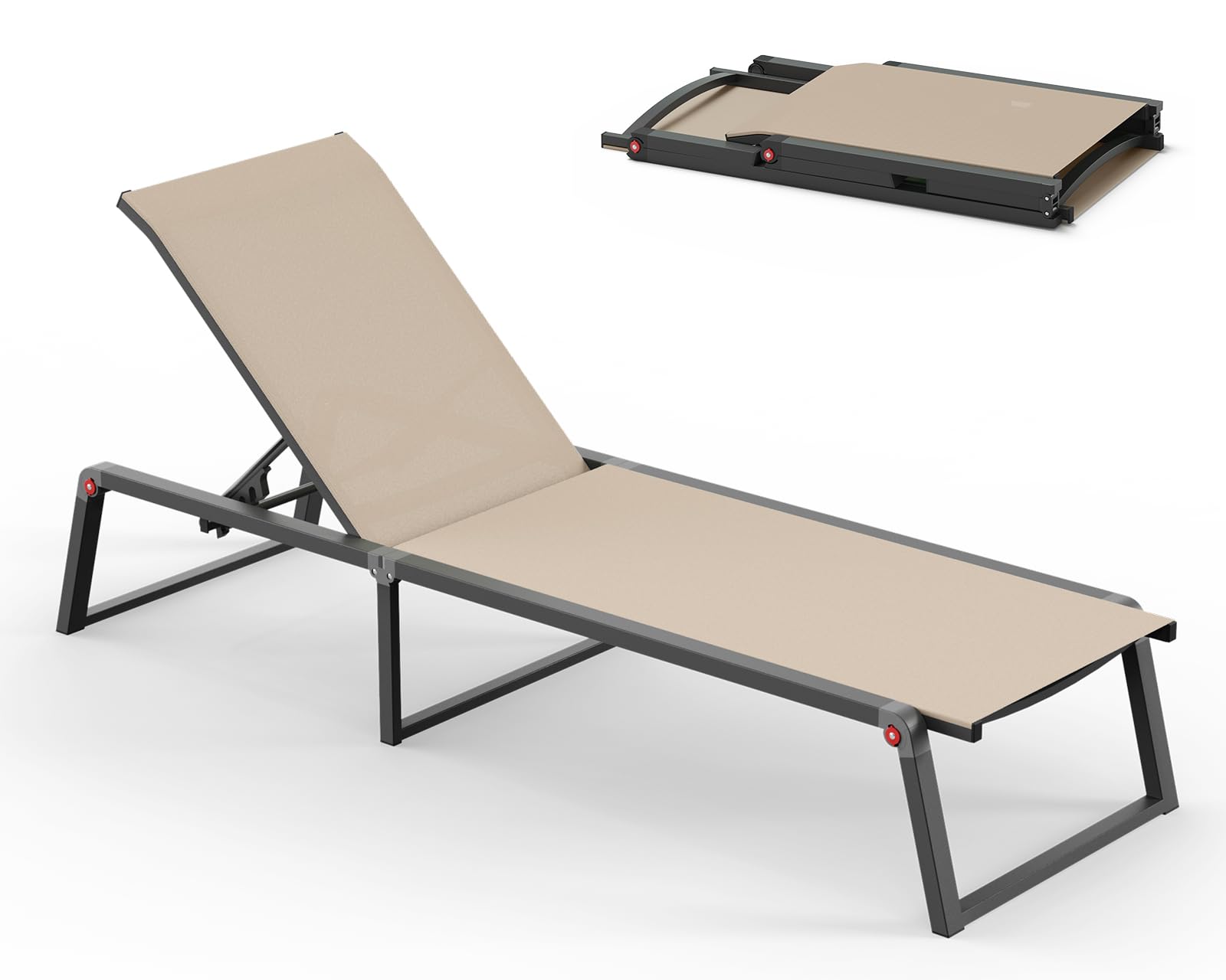 Aluminum Chaise Lounge Chair Outdoor, Foldable & No Assembly Pool Lounge Chairs 5-Position Recliner for Outside Poolside, Fully Grounded Legs Patio Sun Lounger for Pool, Beach, Yard, Dark Grey