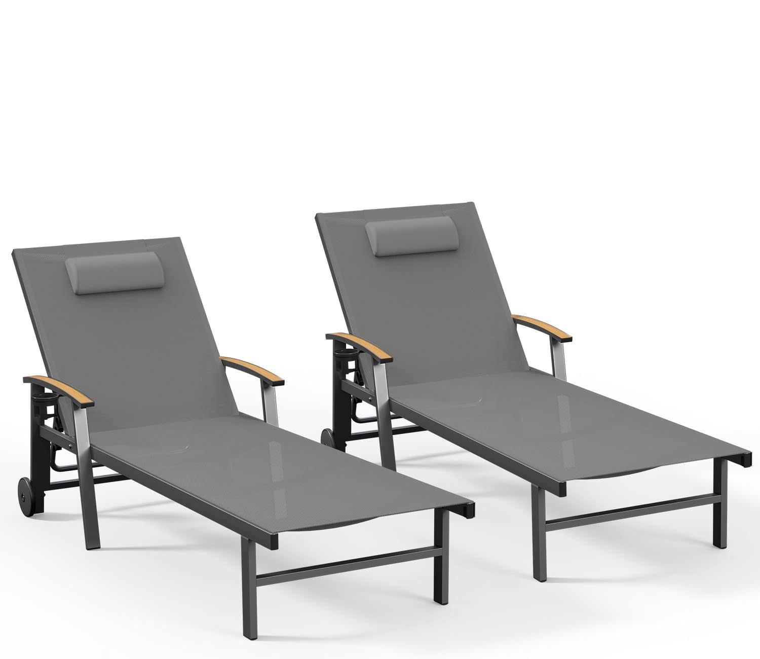 Ciokea Outdoor Lounge Chair with Pillow, 5-Position Aluminum Chaise Lounge with Wheels & Armrests, 400 lbs Heavy Duty Patio Pool Chair for Deck, Backyard, Beach & Poolside, Khaki
