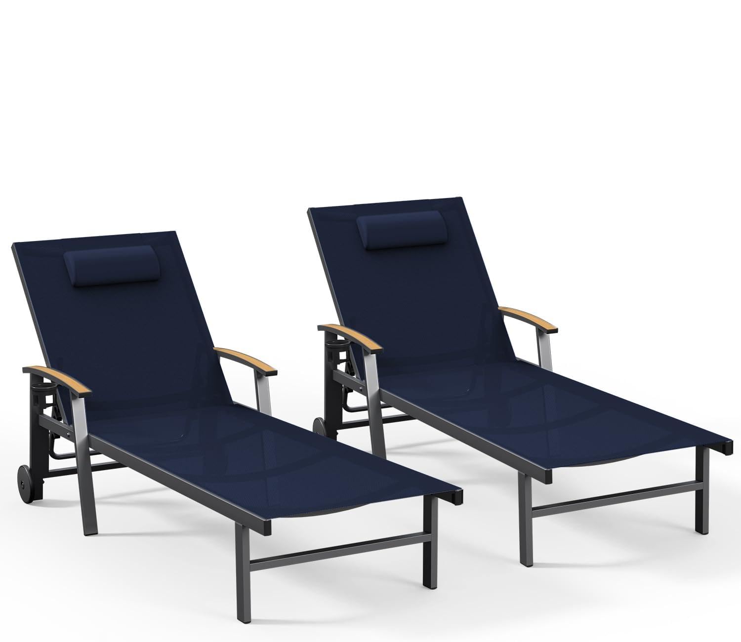 Ciokea Outdoor Lounge Chair with Pillow, 5-Position Aluminum Chaise Lounge with Wheels & Armrests, 400 lbs Heavy Duty Patio Pool Chair for Deck, Backyard, Beach & Poolside, Khaki