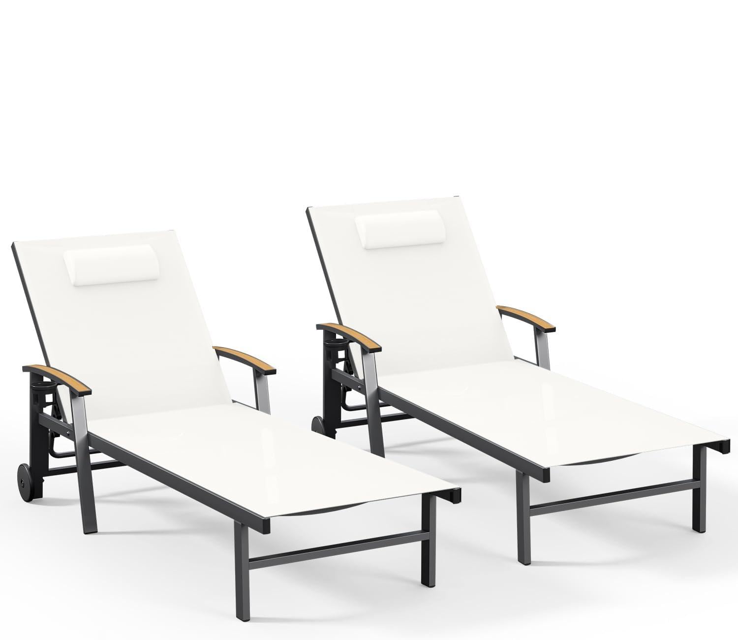 Ciokea Outdoor Lounge Chair with Pillow, 5-Position Aluminum Chaise Lounge with Wheels & Armrests, 400 lbs Heavy Duty Patio Pool Chair for Deck, Backyard, Beach & Poolside, Khaki
