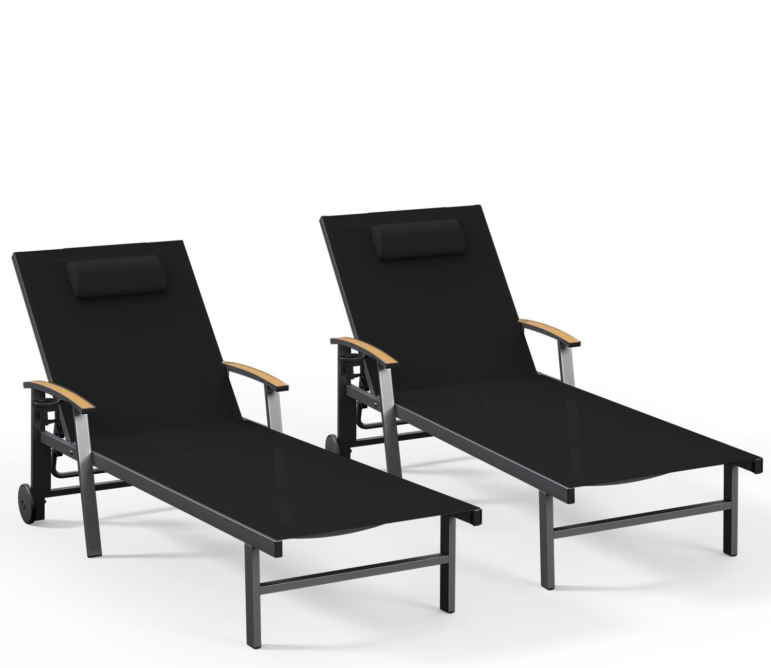 Ciokea Outdoor Lounge Chair with Pillow, 5-Position Aluminum Chaise Lounge with Wheels & Armrests, 400 lbs Heavy Duty Patio Pool Chair for Deck, Backyard, Beach & Poolside, Khaki