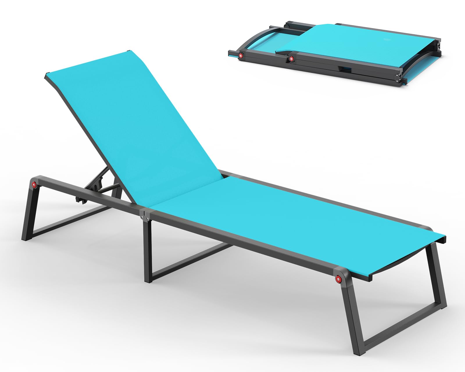 Aluminum Chaise Lounge Chair Outdoor, Foldable & No Assembly Pool Lounge Chairs 5-Position Recliner for Outside Poolside, Fully Grounded Legs Patio Sun Lounger for Pool, Beach, Yard, Dark Grey