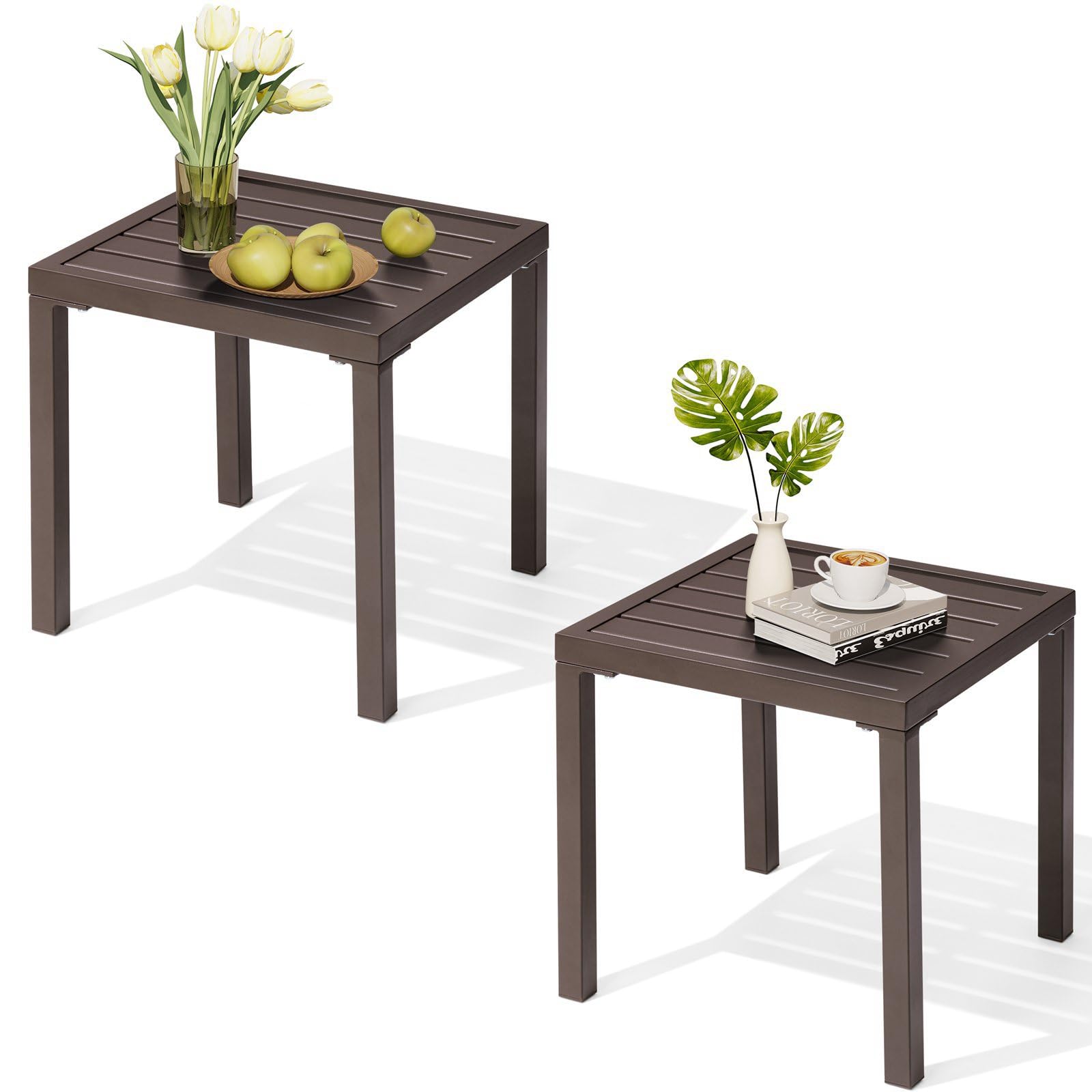 Crestlive Products Outdoor Side Table Set of 2,Black Small Square Metal End Table Weather Resistant Balcony Table for Pool Patio