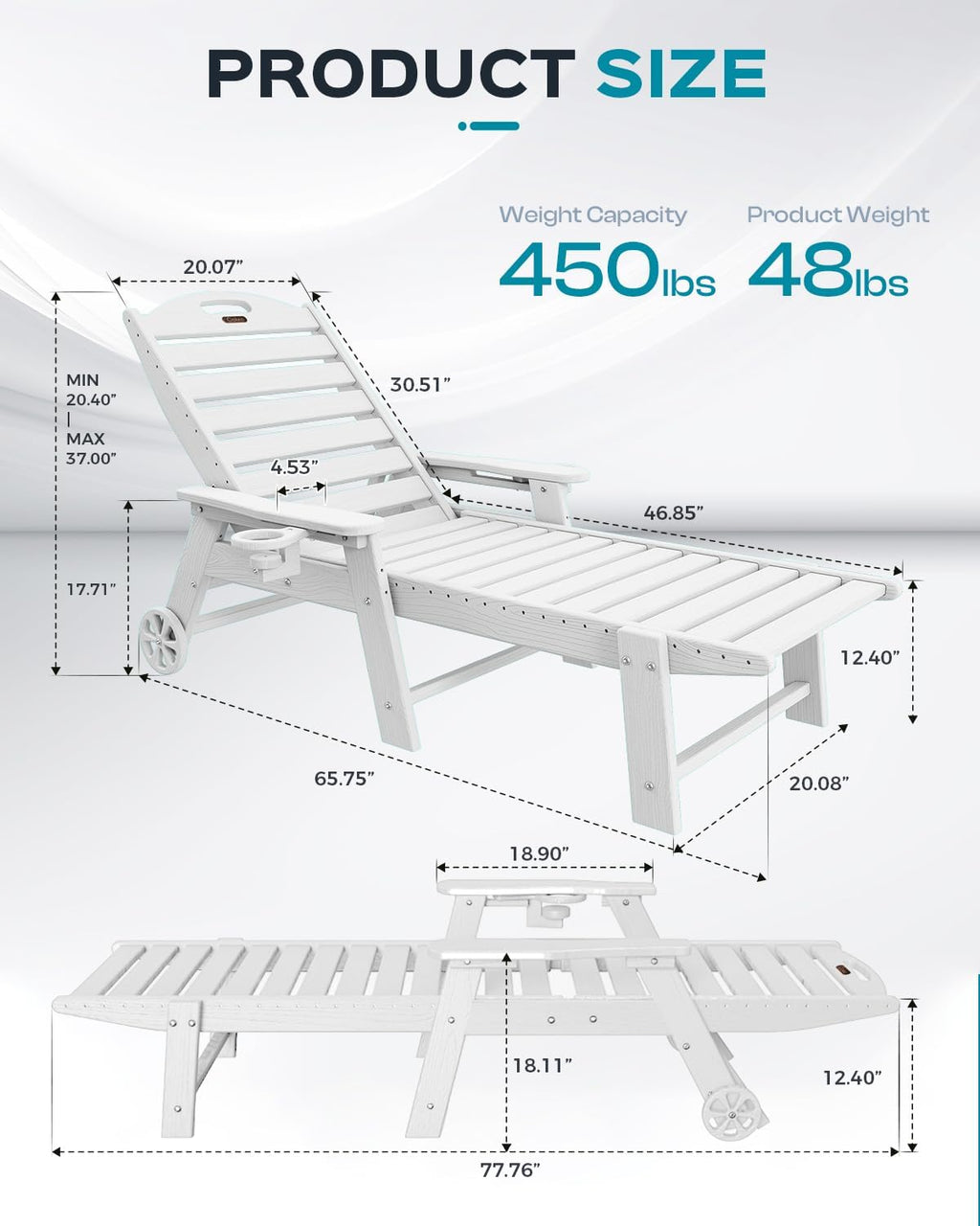 Ciokea Lounge Chair Outdoor, Oversized Chaise Lounge Chair with 5 Positions, HDPE, Patio Lounge Chair with Wheels & Cup Holder for Pool, Deck, Poolside, White
