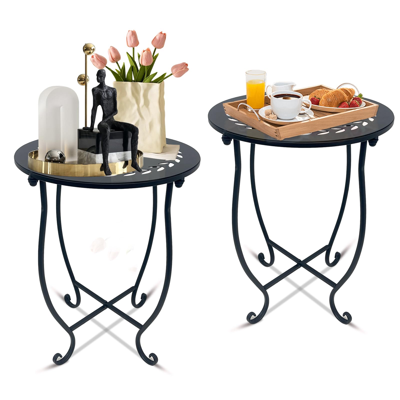 Round Side Table Set of 2, Metal Patio Side Tables End Tables, Weather Resistant Round Coffee Table Bedside Table Nightstand for Home Garden Office, 14 Inch Outdoor Side Table for Patio Balcony Yard