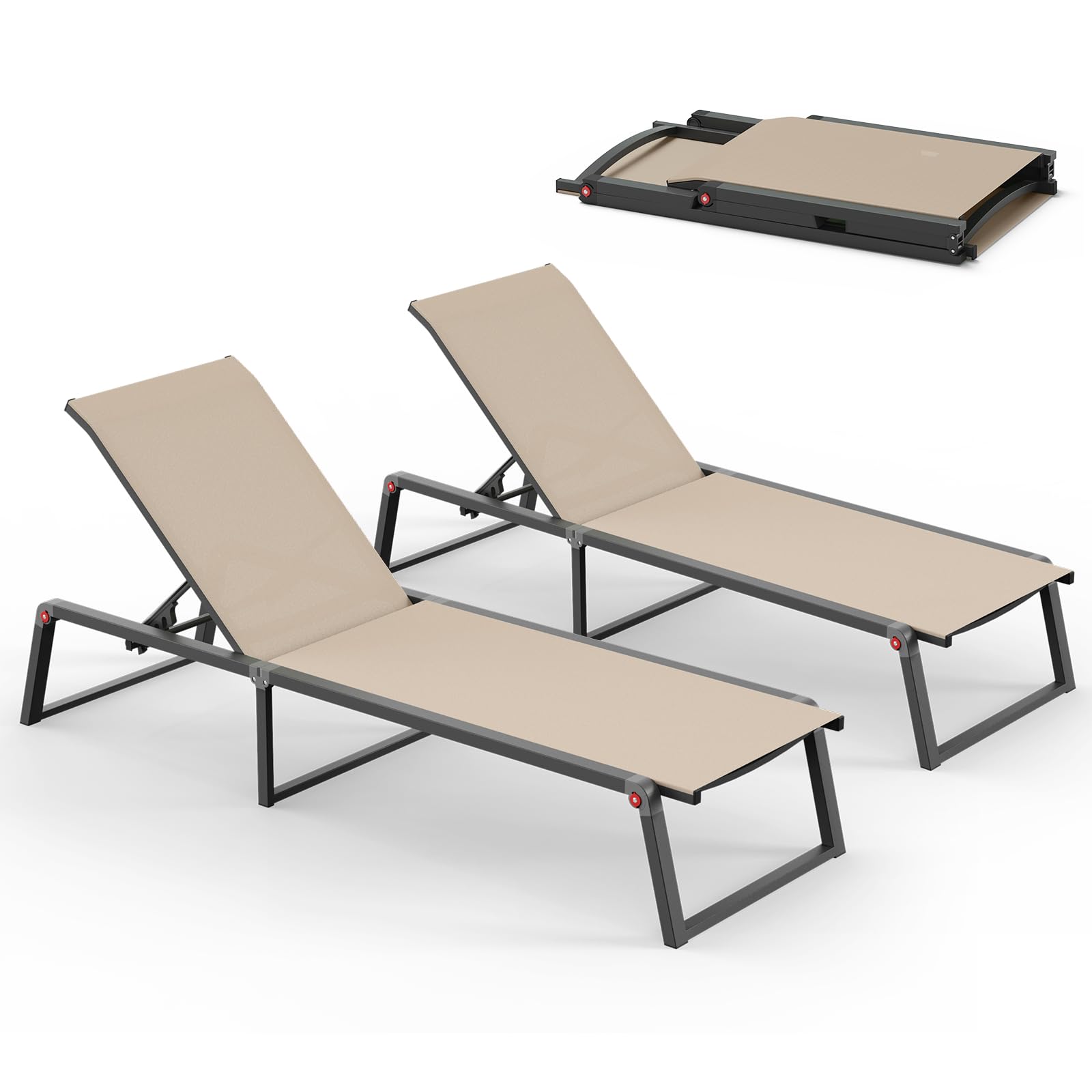 Aluminum Chaise Lounge Chair Outdoor, Foldable & No Assembly Pool Lounge Chairs 5-Position Recliner for Outside Poolside, Fully Grounded Legs Patio Sun Lounger for Pool, Beach, Yard, Dark Grey