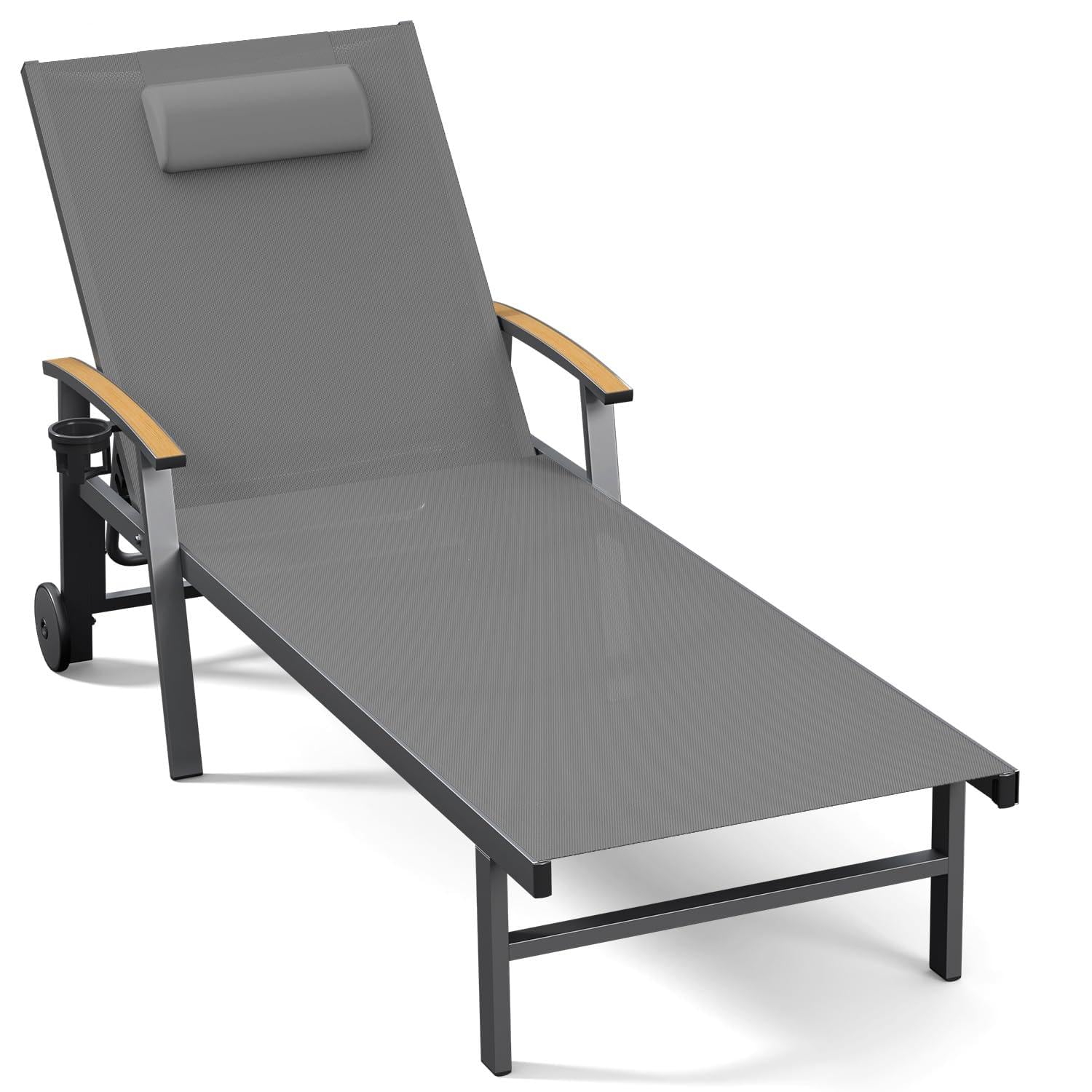 Ciokea Outdoor Lounge Chair with Pillow, 5-Position Aluminum Chaise Lounge with Wheels & Armrests, 400 lbs Heavy Duty Patio Pool Chair for Deck, Backyard, Beach & Poolside, Khaki
