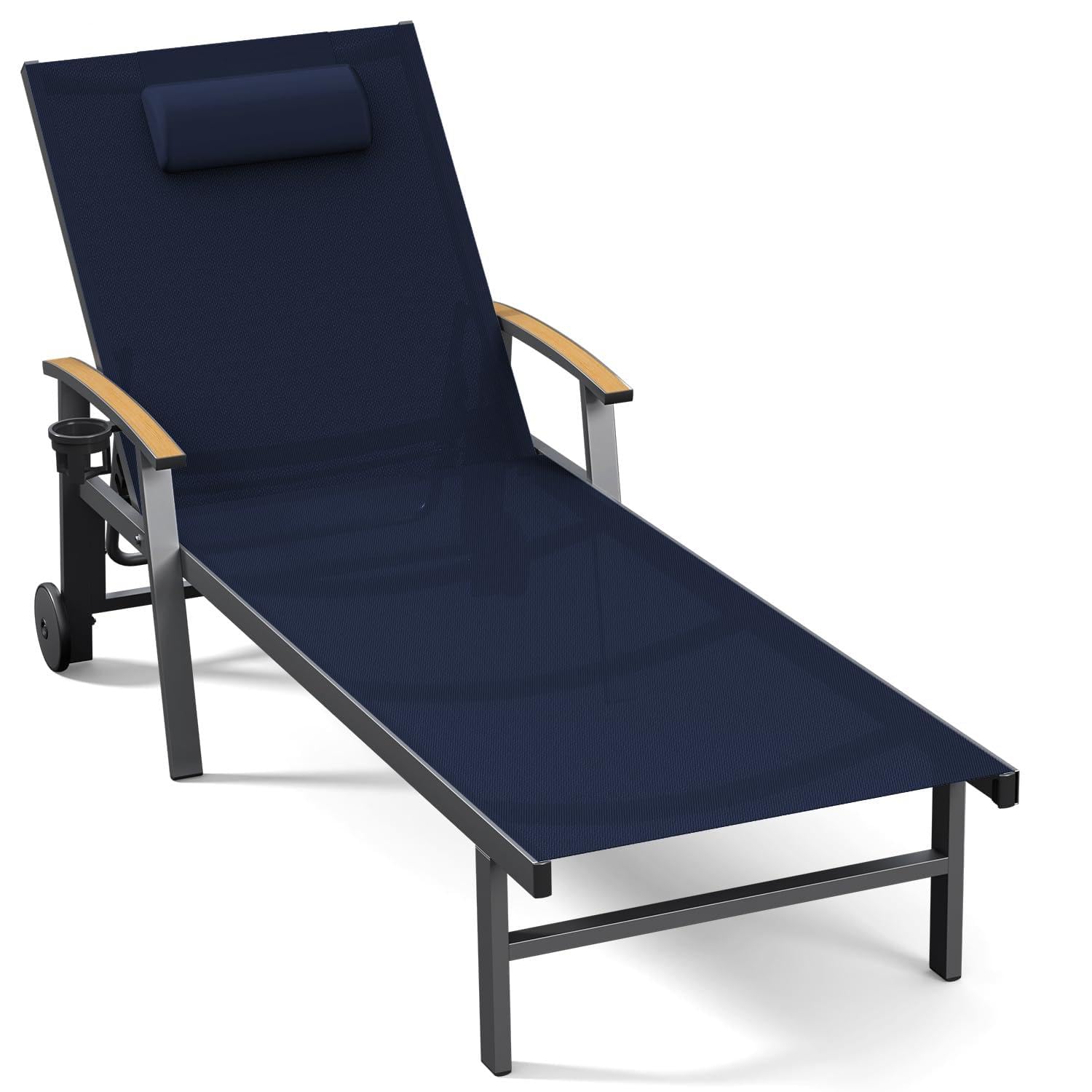 Ciokea Outdoor Lounge Chair with Pillow, 5-Position Aluminum Chaise Lounge with Wheels & Armrests, 400 lbs Heavy Duty Patio Pool Chair for Deck, Backyard, Beach & Poolside, Khaki