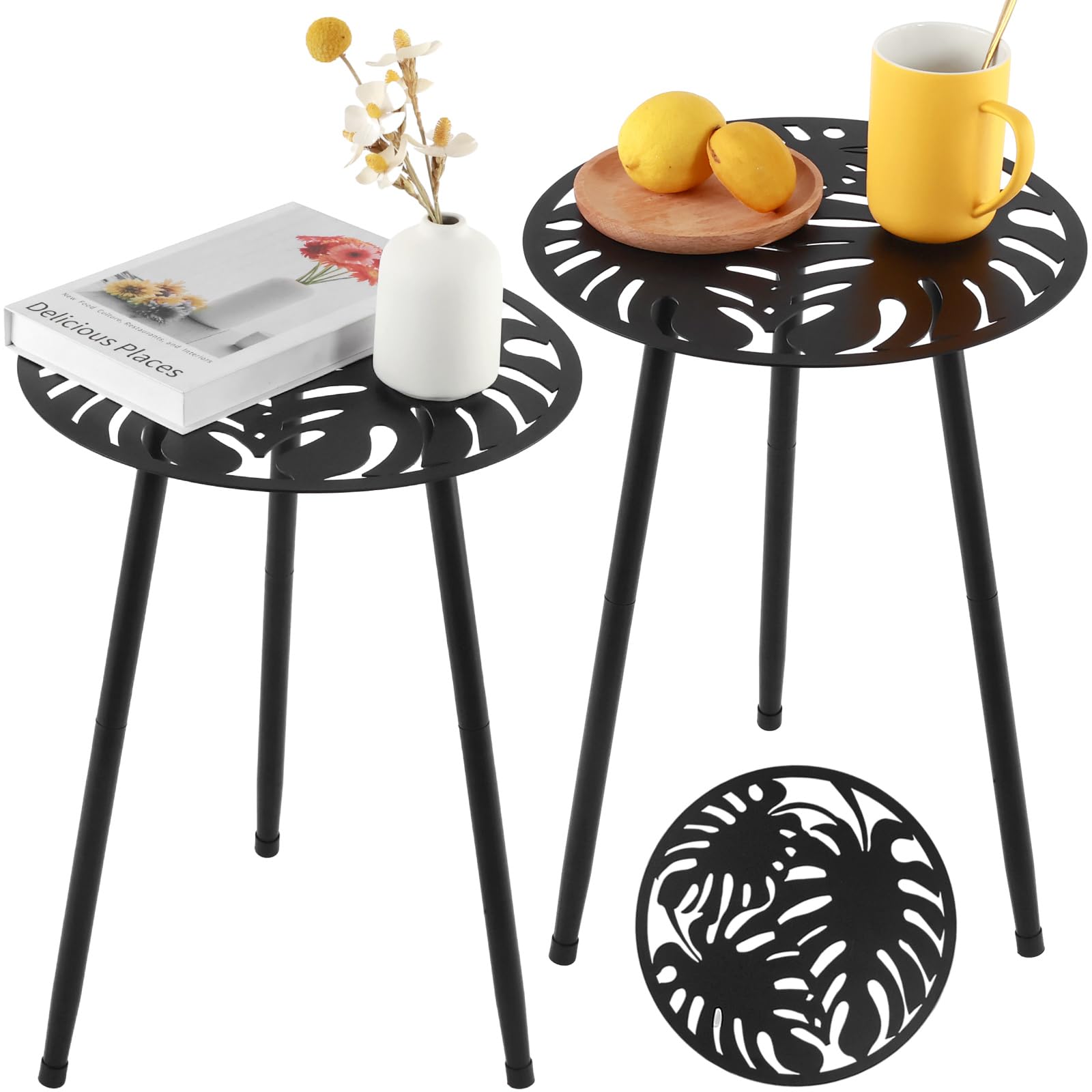 Metal Outdoor Side Tables Set of Two Small Outside Round End Table for Patio Modern Accent Garden Corner Table for Small Spaces, Balcony, Porch, Weather-Resistant, Plant Stand Indoor, Black