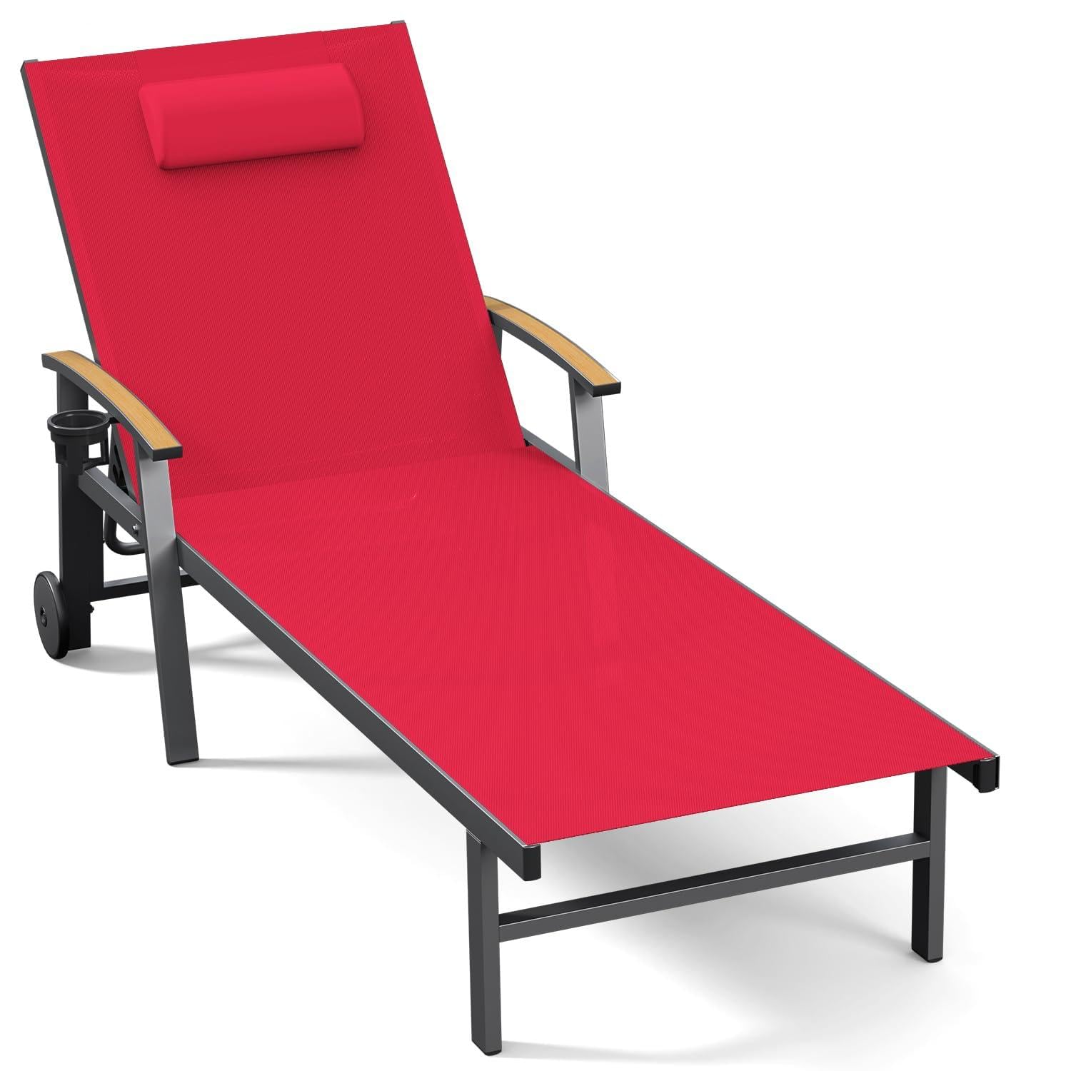 Ciokea Outdoor Lounge Chair with Pillow, 5-Position Aluminum Chaise Lounge with Wheels & Armrests, 400 lbs Heavy Duty Patio Pool Chair for Deck, Backyard, Beach & Poolside, Khaki