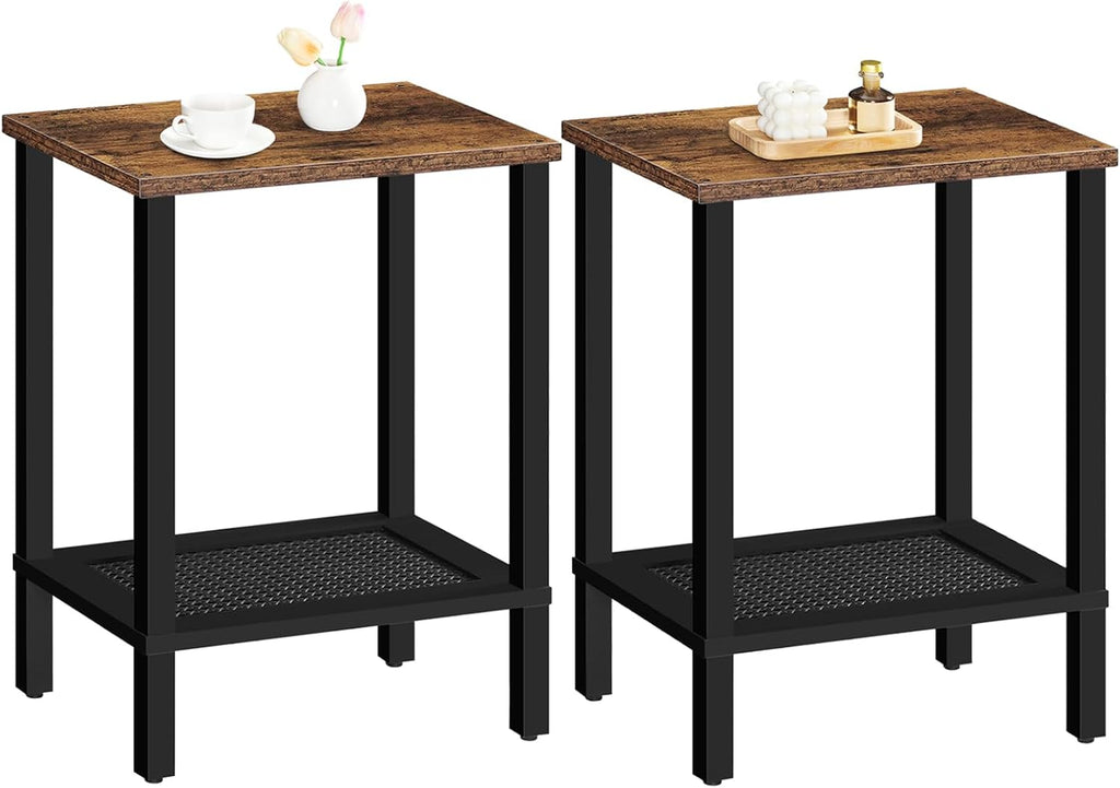 HOOBRO End Tables Set of 2, Small Side Tables with 2-Tier Storage Shelves, Nightstands with Faux Rattan Decoration, for Small Space, Living Room, Bedroom, Rustic Brown and Black BF91BZP201