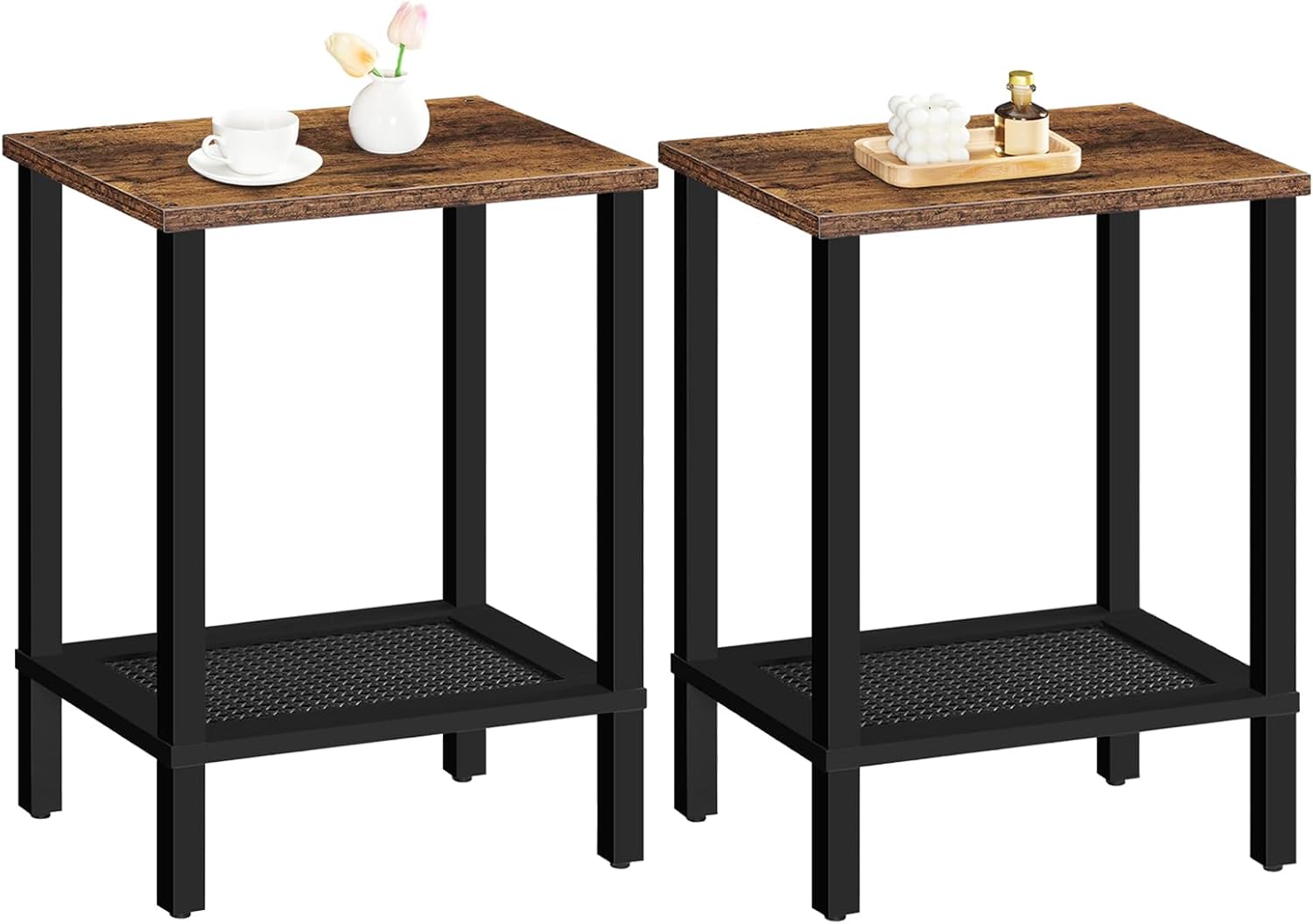 HOOBRO End Tables Set of 2, Small Side Tables with 2-Tier Storage Shelves, Nightstands with Faux Rattan Decoration, for Small Space, Living Room, Bedroom, Rustic Brown and Black BF91BZP201