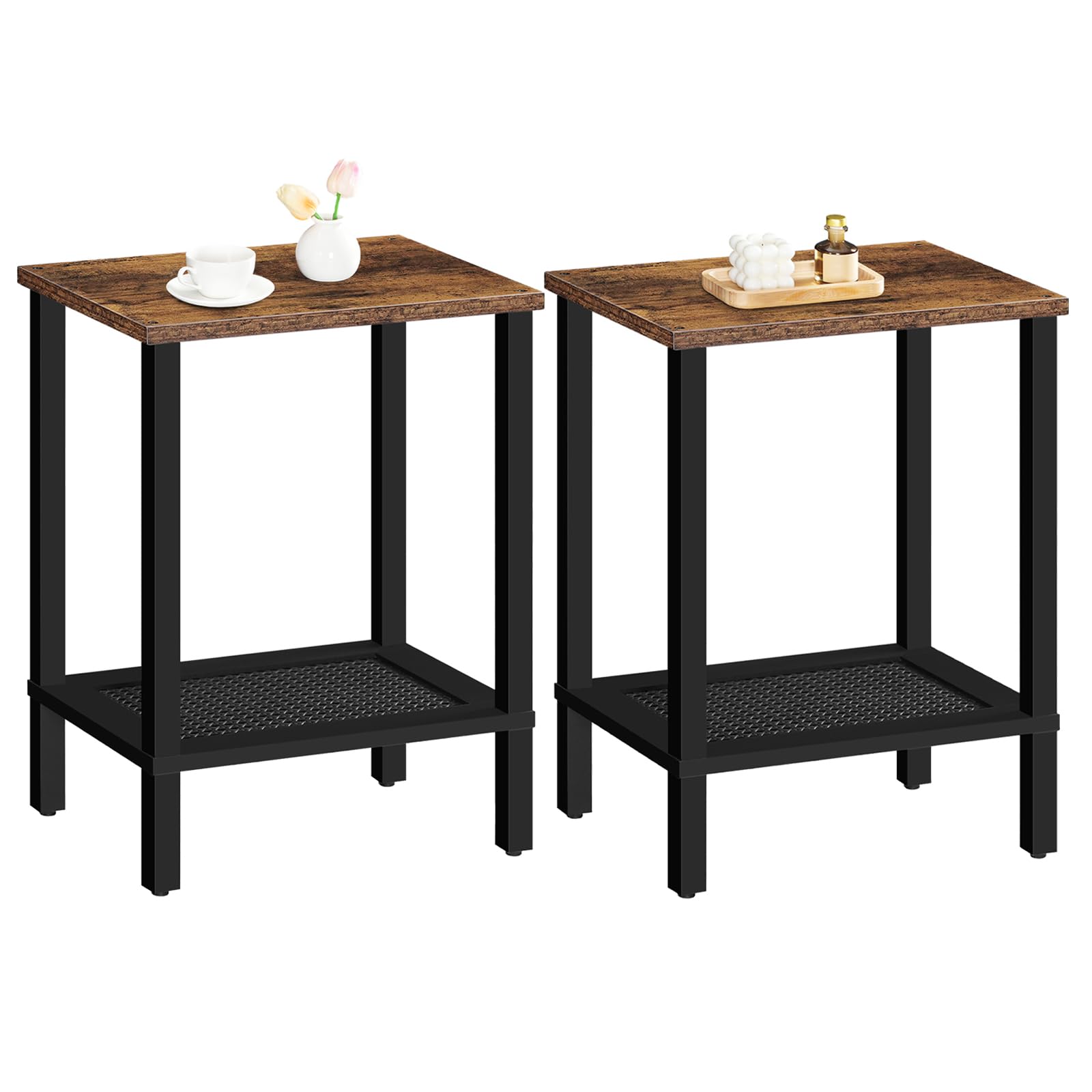 HOOBRO End Tables Set of 2, Small Side Tables with 2-Tier Storage Shelves, Nightstands with Faux Rattan Decoration, for Small Space, Living Room, Bedroom, Rustic Brown and Black BF91BZP201