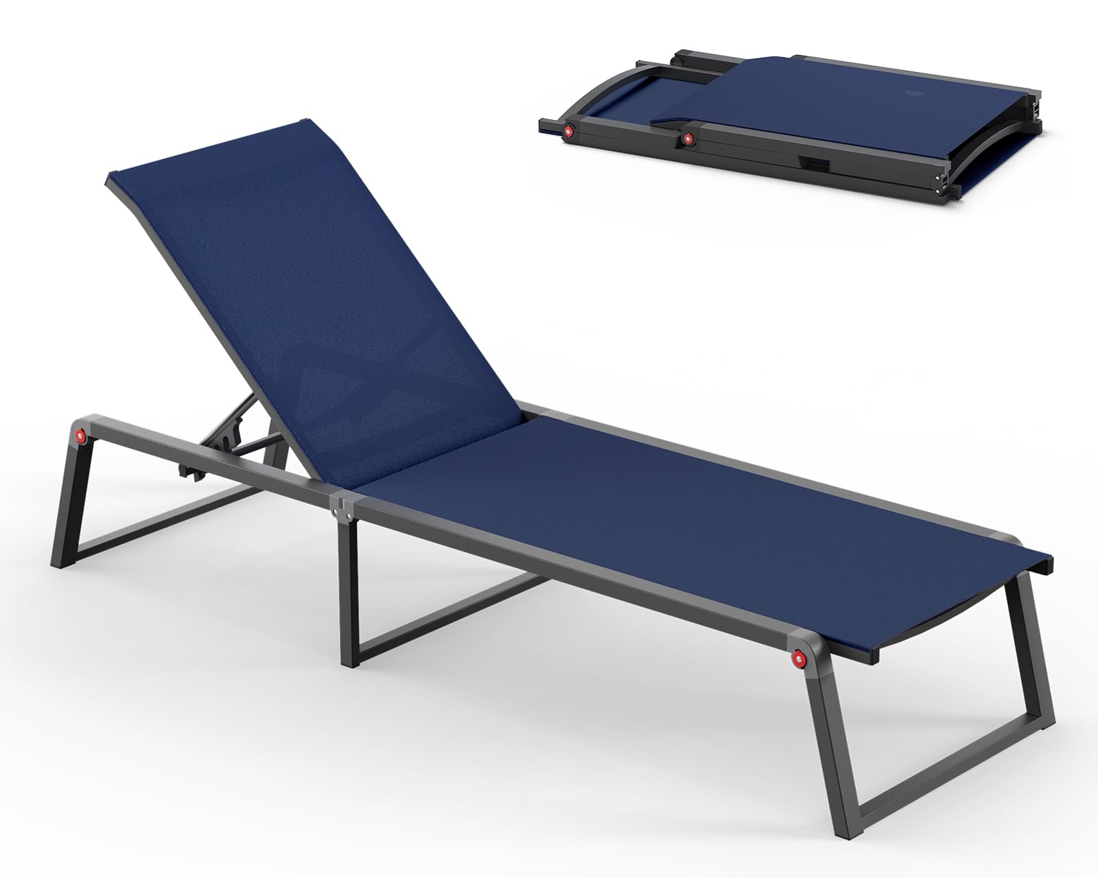 Aluminum Chaise Lounge Chair Outdoor, Foldable & No Assembly Pool Lounge Chairs 5-Position Recliner for Outside Poolside, Fully Grounded Legs Patio Sun Lounger for Pool, Beach, Yard, Dark Grey