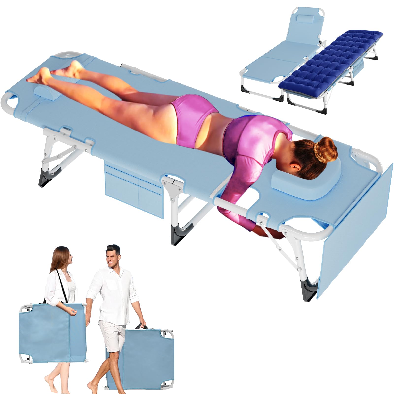 ABORON Heavy Duty Tanning Chair,Outdoor 5-Position Folding Chaise Lounge Chair with Pad,Portable Beach Lounge Chair for Outdoor Sunbathing Patio Pool Lawn Deck Poolside