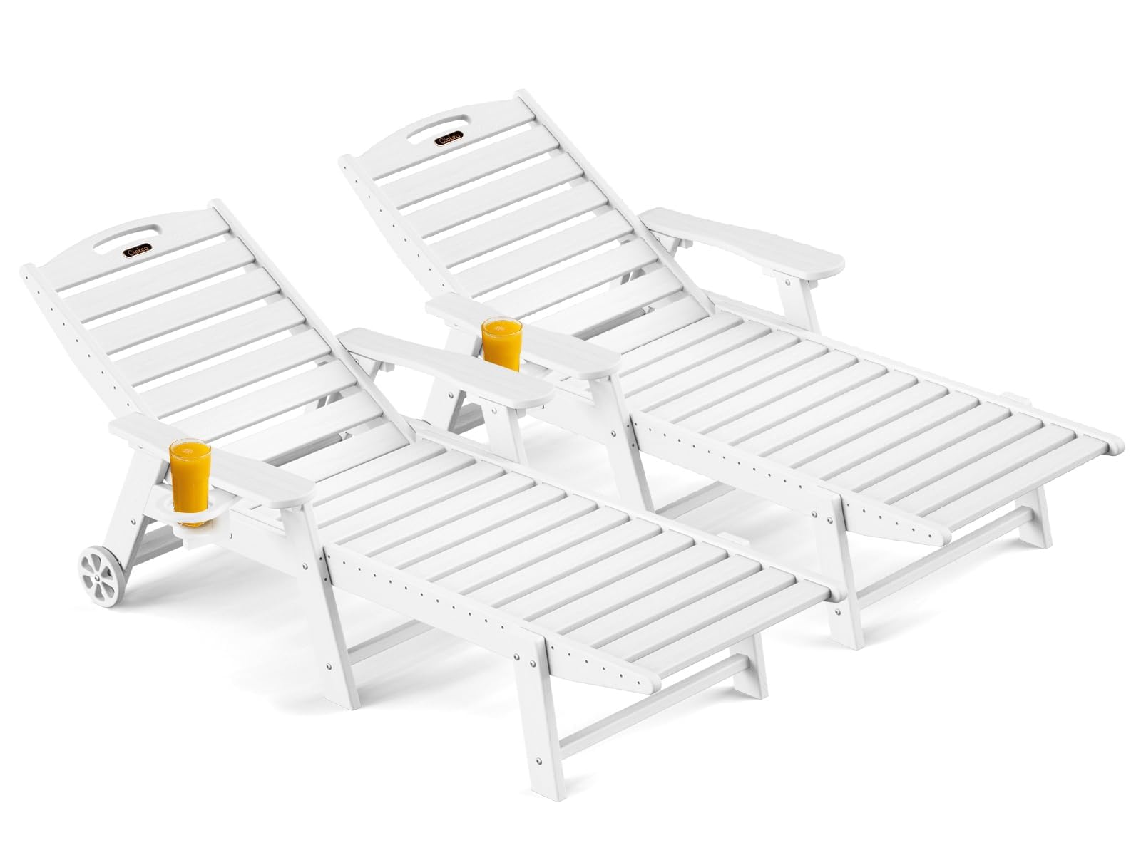 Ciokea Lounge Chair Outdoor, Oversized Chaise Lounge Chair with 5 Positions, HDPE, Patio Lounge Chair with Wheels & Cup Holder for Pool, Deck, Poolside, White