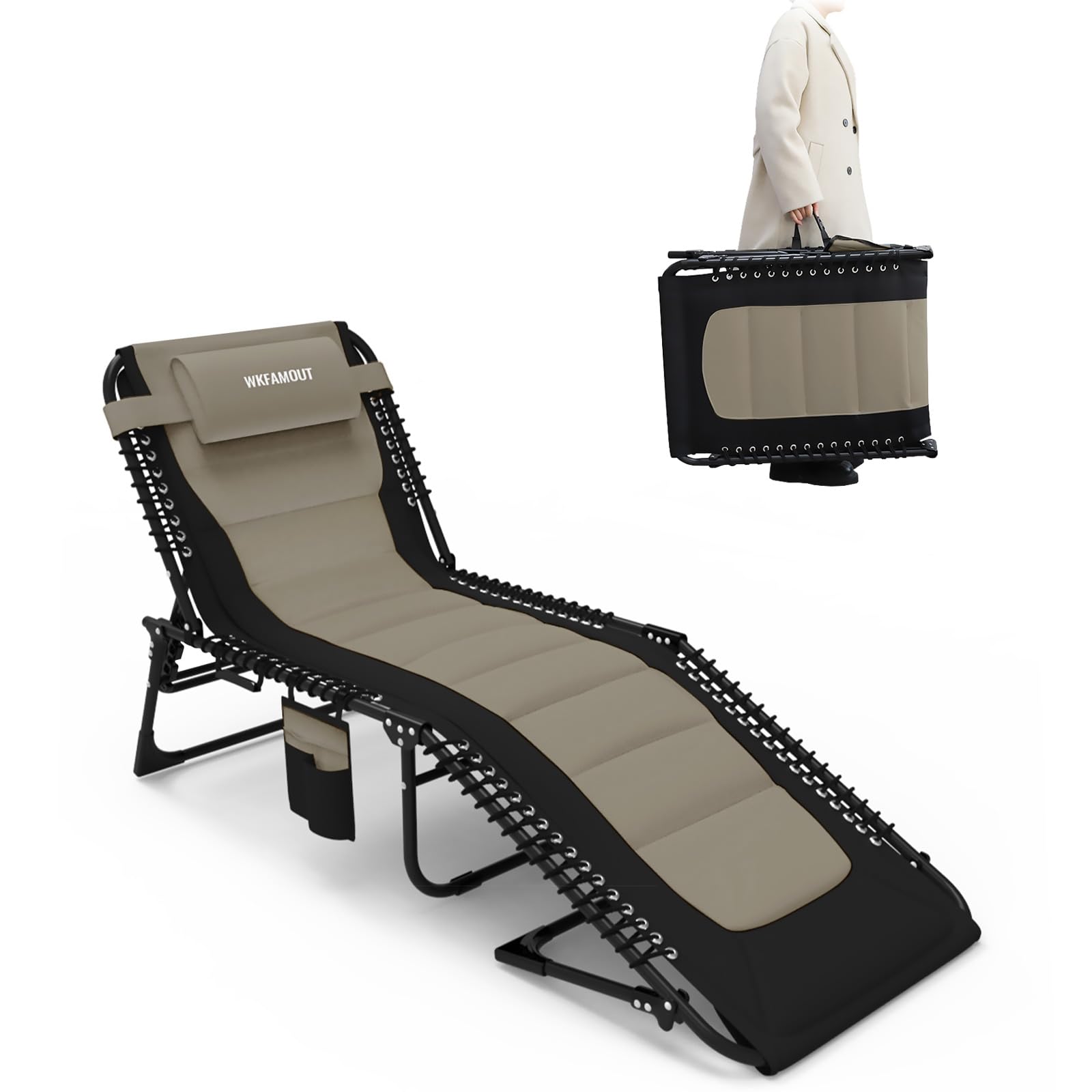 Oversized Padded Outdoor Folding Lounge Chair for Adults 330Ibs Patio Chaise Lounge Chair for Outside 5-Position Adjustable Reclining Beach Chair with Pillow Pocket