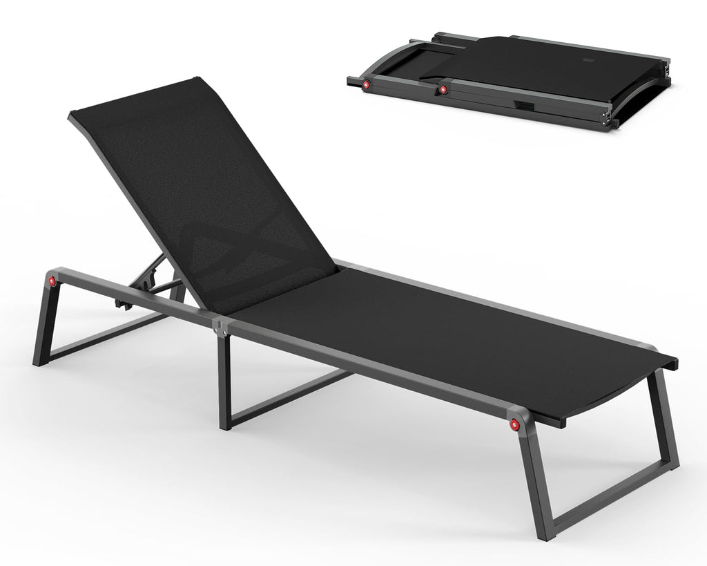 Aluminum Chaise Lounge Chair Outdoor, Foldable & No Assembly Pool Lounge Chairs 5-Position Recliner for Outside Poolside, Fully Grounded Legs Patio Sun Lounger for Pool, Beach, Yard, Dark Grey