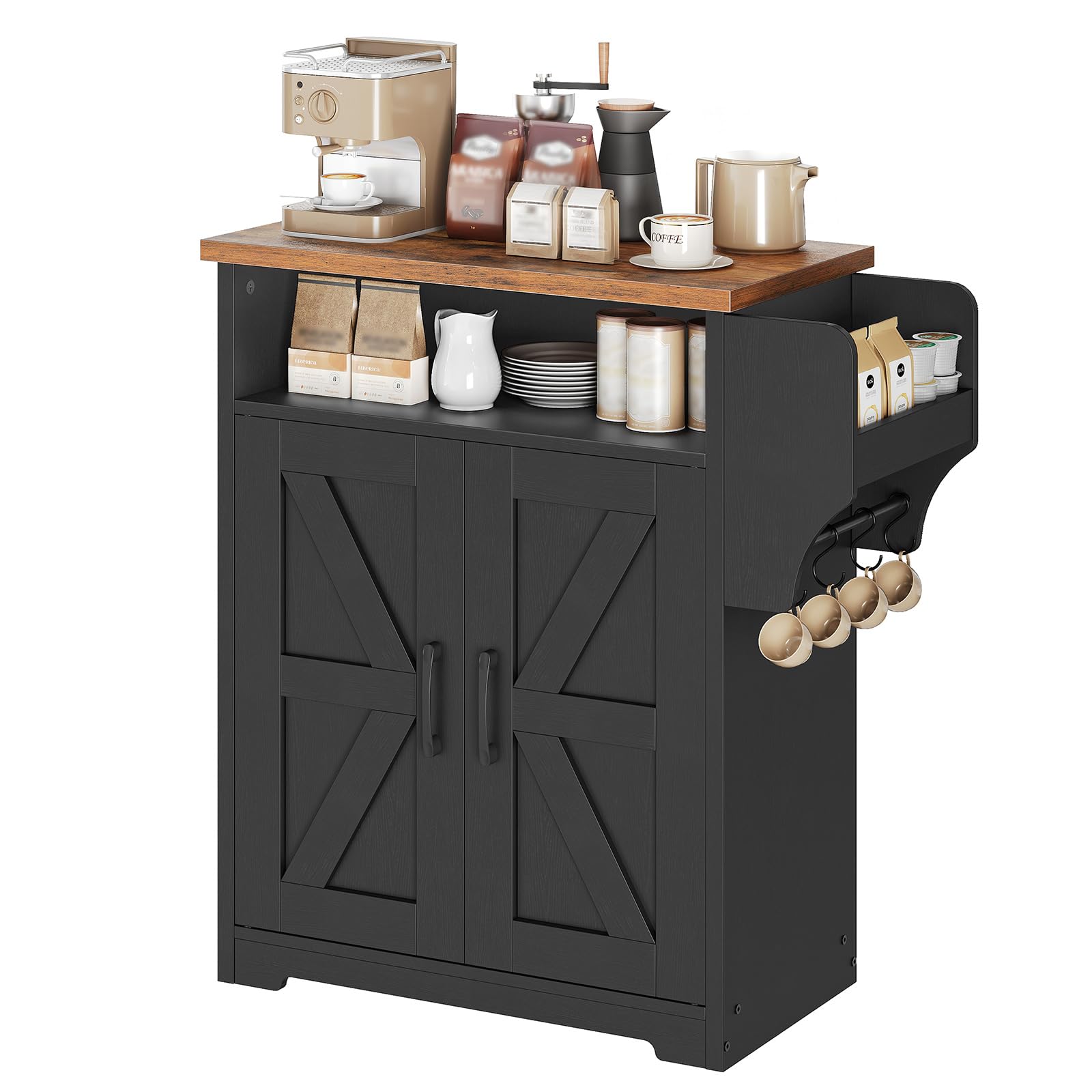Coffee Bar Cabinet, Kitchen Island with Storage, Farmhouse Sideboard Buffet Cabinet with Dual-Purpose Floating Shelf and Hooks, for Kitchen Living Room, White and Natural KF22WN