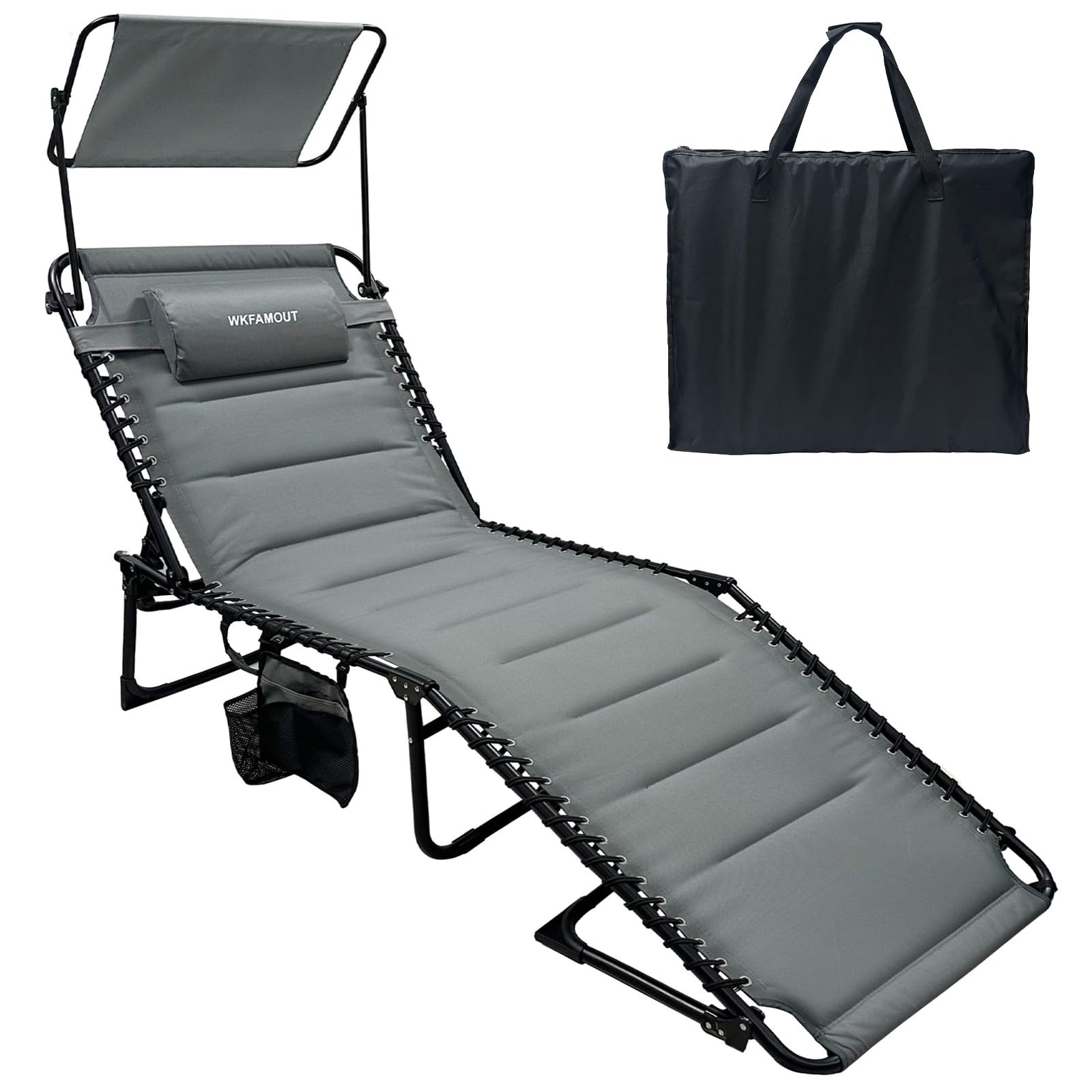 Oversized Padded Outdoor Folding Lounge Chair for Adults 330Ibs Patio Chaise Lounge Chair for Outside 5-Position Adjustable Reclining Beach Chair with Pillow Pocket