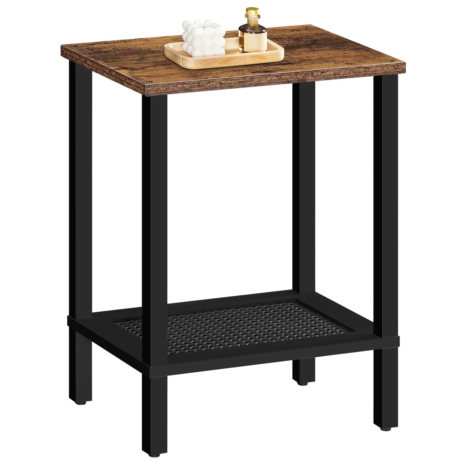 HOOBRO End Tables Set of 2, Small Side Tables with 2-Tier Storage Shelves, Nightstands with Faux Rattan Decoration, for Small Space, Living Room, Bedroom, Rustic Brown and Black BF91BZP201