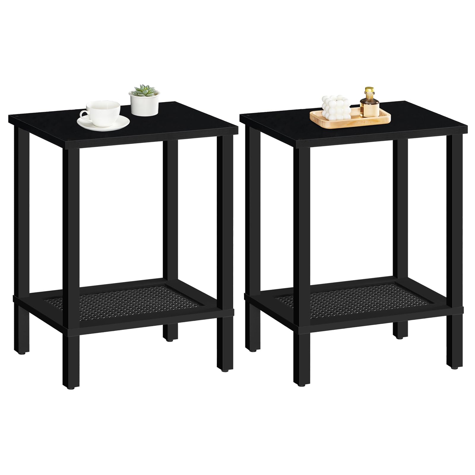 HOOBRO End Tables Set of 2, Small Side Tables with 2-Tier Storage Shelves, Nightstands with Faux Rattan Decoration, for Small Space, Living Room, Bedroom, Rustic Brown and Black BF91BZP201
