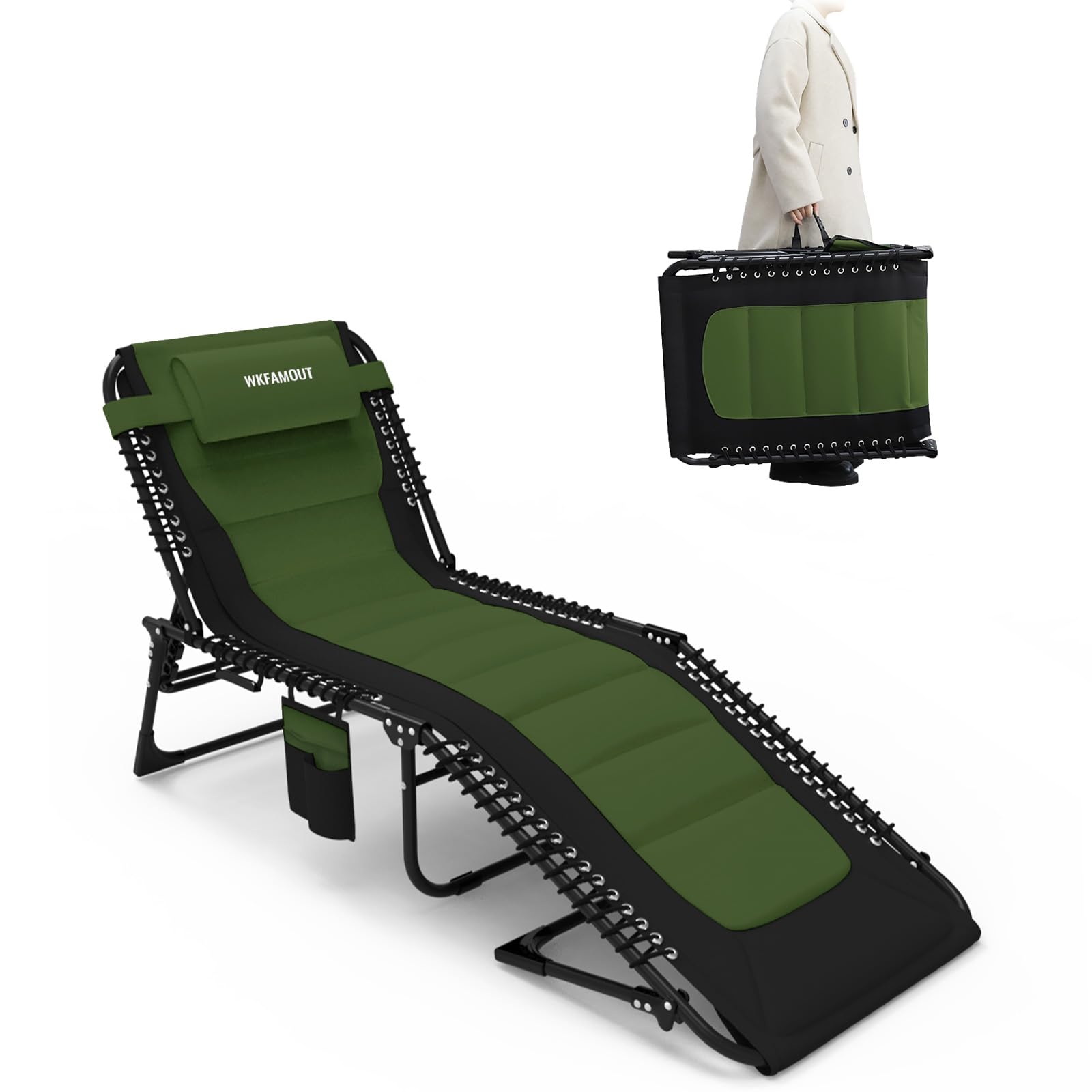 Oversized Padded Outdoor Folding Lounge Chair for Adults 330Ibs Patio Chaise Lounge Chair for Outside 5-Position Adjustable Reclining Beach Chair with Pillow Pocket