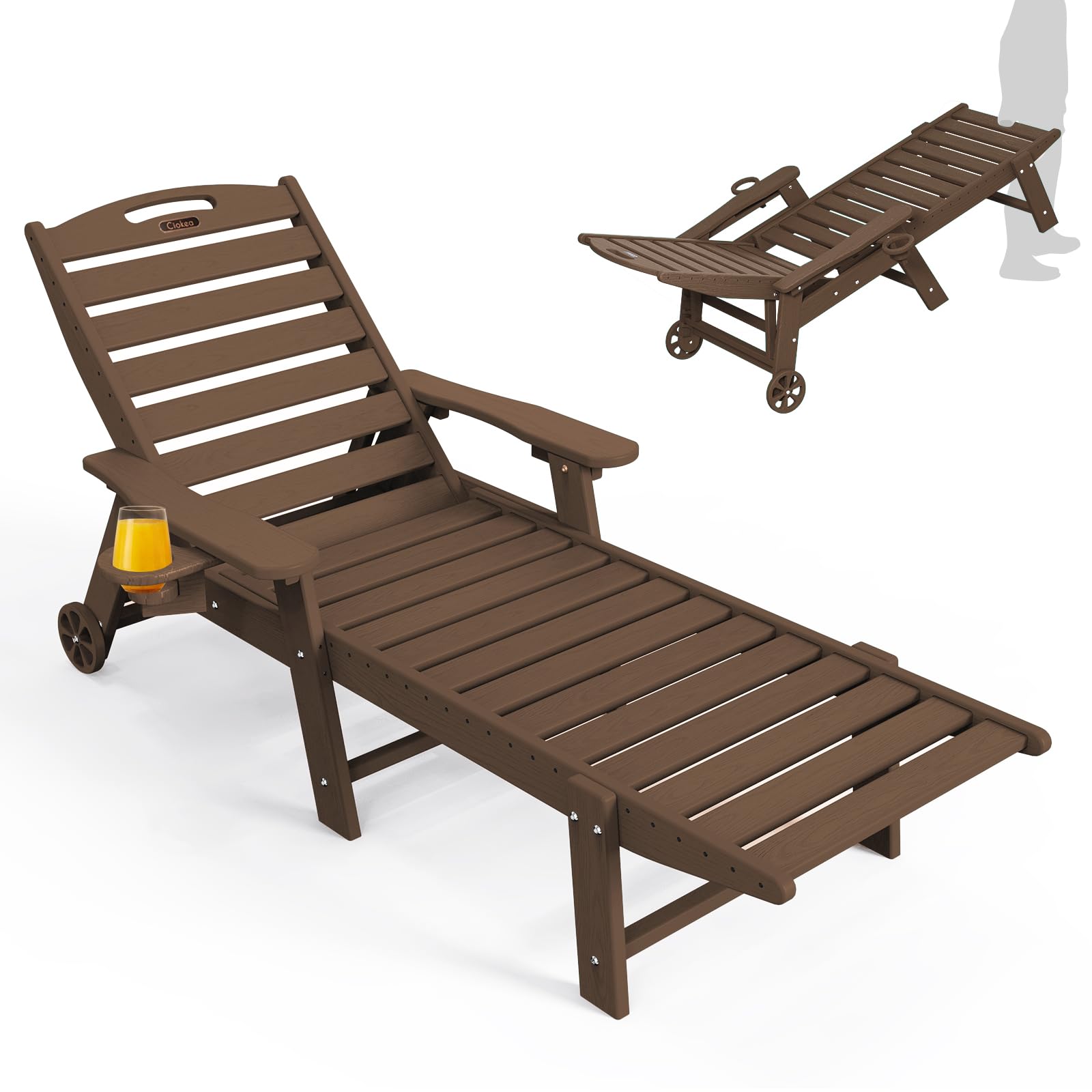 Ciokea Lounge Chair Outdoor, Oversized Chaise Lounge Chair with 5 Positions, HDPE, Patio Lounge Chair with Wheels & Cup Holder for Pool, Deck, Poolside, White