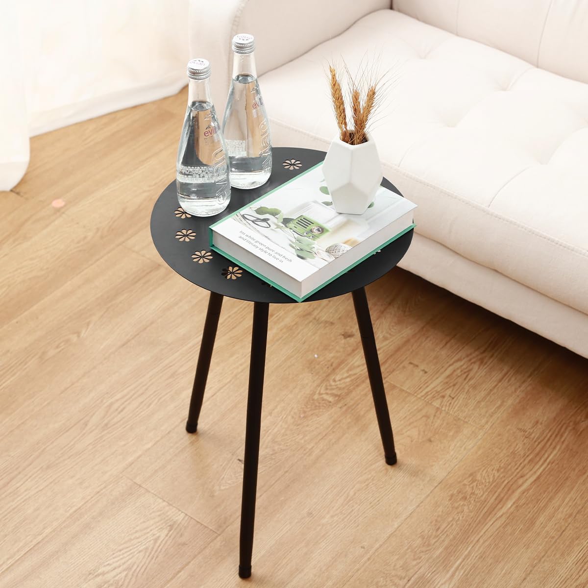 Outdoor Side Table Set of 2 Patio Round Tables for Outside Black End Tables Small Coffee Table End Table Modern Metal Porch Plant Stands for Balcony, Indoor, Bedroom, Living Room, Small Spaces