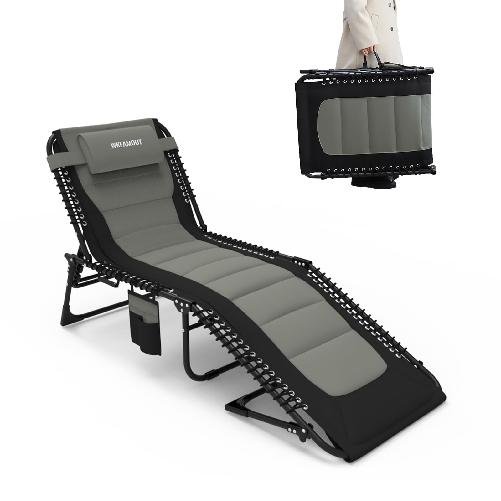 Oversized Padded Outdoor Folding Lounge Chair for Adults 330Ibs Patio Chaise Lounge Chair for Outside 5-Position Adjustable Reclining Beach Chair with Pillow Pocket