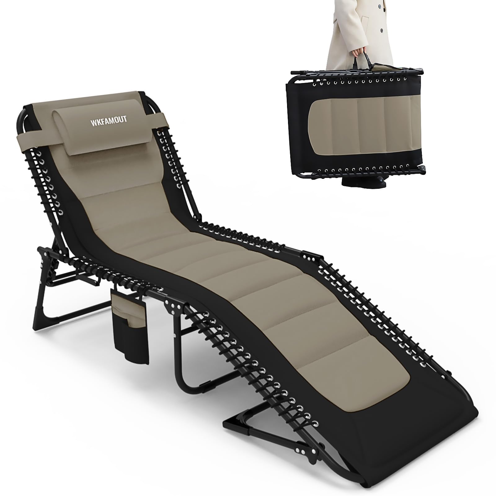 Oversized Padded Outdoor Folding Lounge Chair for Adults 330Ibs Patio Chaise Lounge Chair for Outside 5-Position Adjustable Reclining Beach Chair with Pillow Pocket