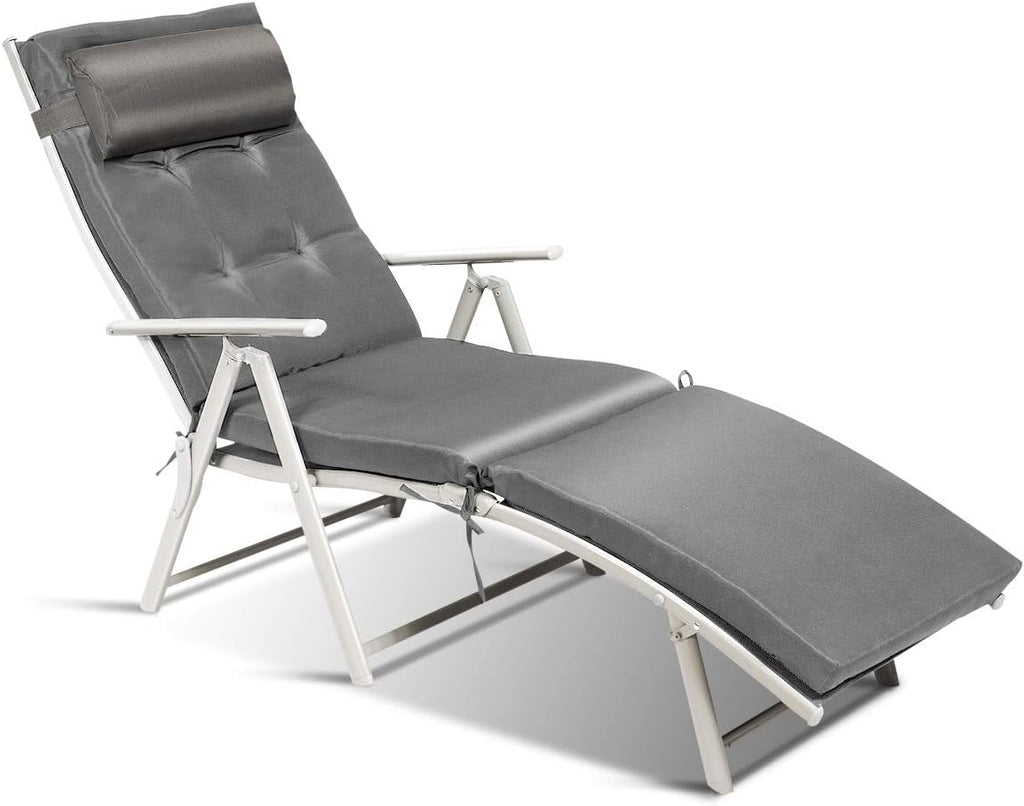 Tangkula Outdoor Folding Chaise Lounge Chair, Lightweight Recliner Chair w/ 7 Adjustable Backrest Positions, Patio Reclining Beach w/Removable Cushion & Pillow for Patio Poolside No Assembly Required