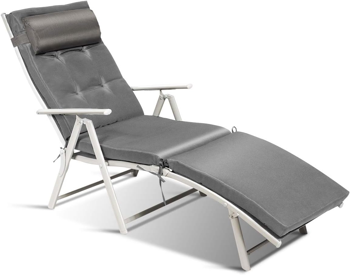 Tangkula Outdoor Folding Chaise Lounge Chair, Lightweight Recliner Chair w/ 7 Adjustable Backrest Positions, Patio Reclining Beach w/Removable Cushion & Pillow for Patio Poolside No Assembly Required