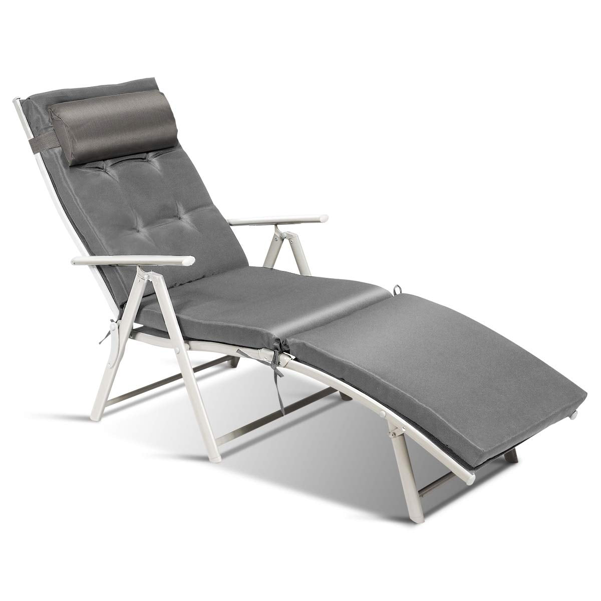 Tangkula Outdoor Folding Chaise Lounge Chair, Lightweight Recliner Chair w/ 7 Adjustable Backrest Positions, Patio Reclining Beach w/Removable Cushion & Pillow for Patio Poolside No Assembly Required