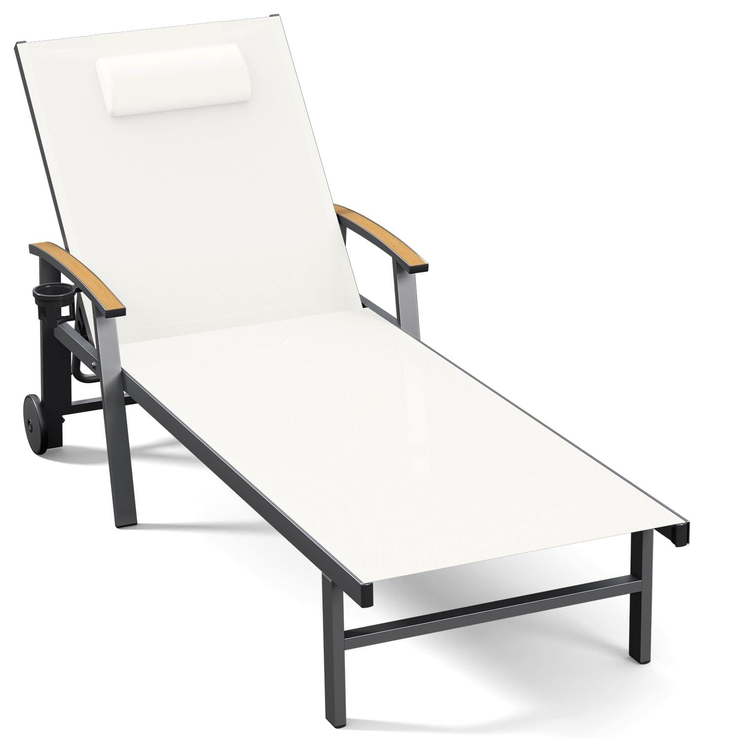 Ciokea Outdoor Lounge Chair with Pillow, 5-Position Aluminum Chaise Lounge with Wheels & Armrests, 400 lbs Heavy Duty Patio Pool Chair for Deck, Backyard, Beach & Poolside, Khaki