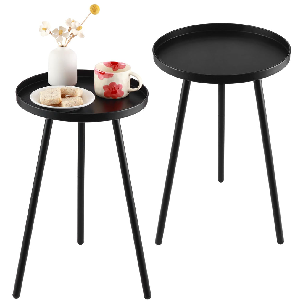 Outdoor Side Table Set of 2 Patio Round Tables for Outside Black End Tables Small Coffee Table End Table Modern Metal Porch Plant Stands for Balcony, Indoor, Bedroom, Living Room, Small Spaces