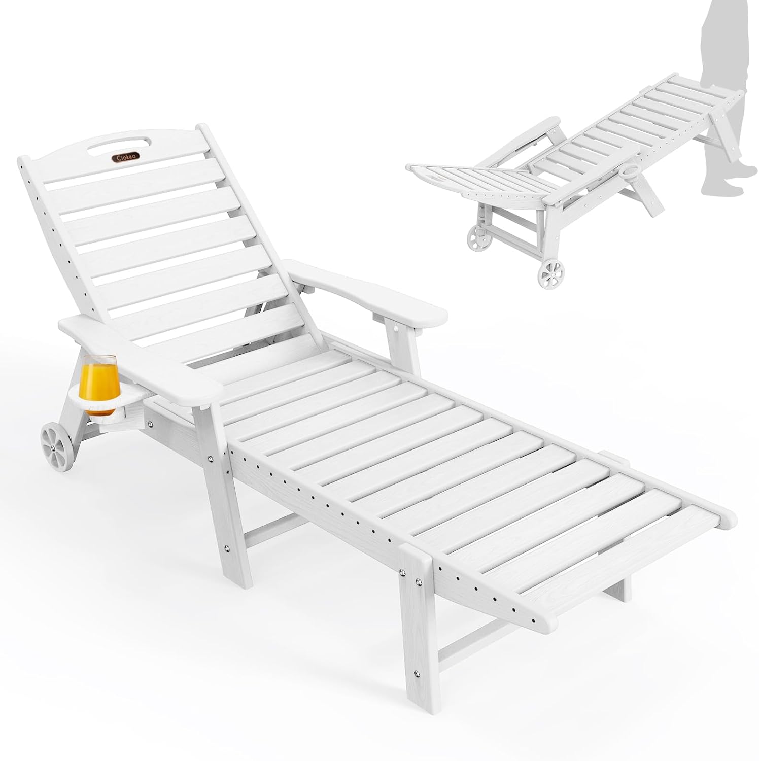 Ciokea Lounge Chair Outdoor, Oversized Chaise Lounge Chair with 5 Positions, HDPE, Patio Lounge Chair with Wheels & Cup Holder for Pool, Deck, Poolside, White