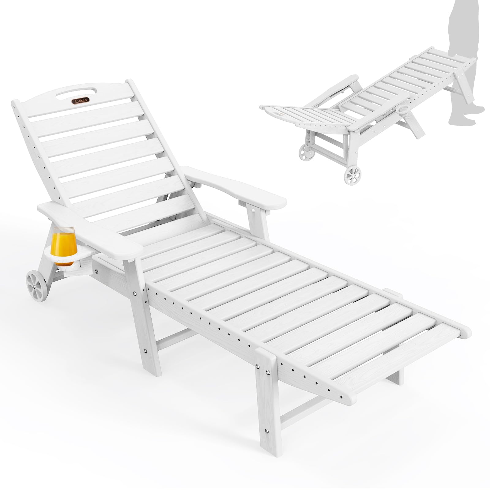 Ciokea Lounge Chair Outdoor, Oversized Chaise Lounge Chair with 5 Positions, HDPE, Patio Lounge Chair with Wheels & Cup Holder for Pool, Deck, Poolside, White