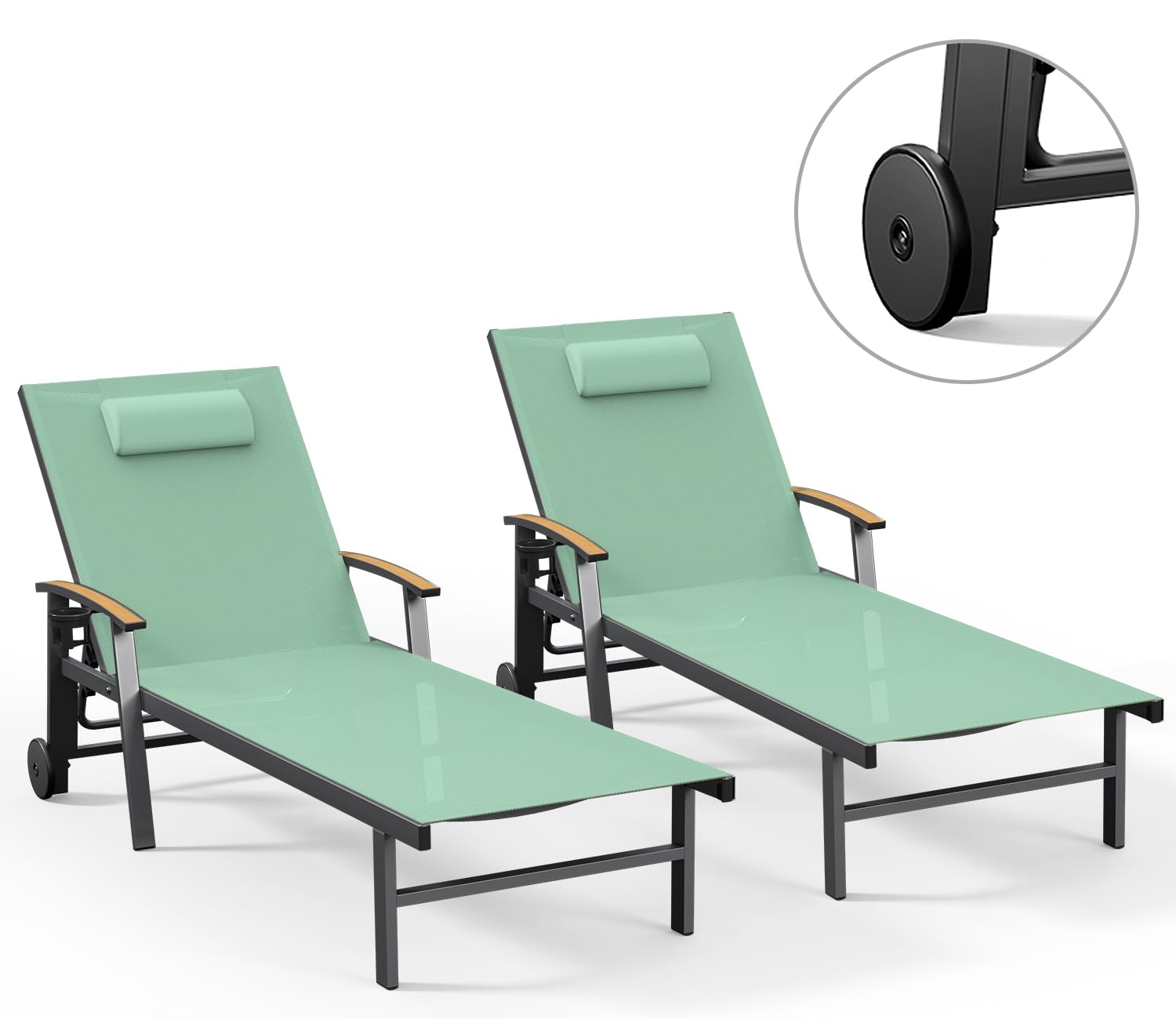 Ciokea Outdoor Lounge Chair with Pillow, 5-Position Aluminum Chaise Lounge with Wheels & Armrests, 400 lbs Heavy Duty Patio Pool Chair for Deck, Backyard, Beach & Poolside, Khaki