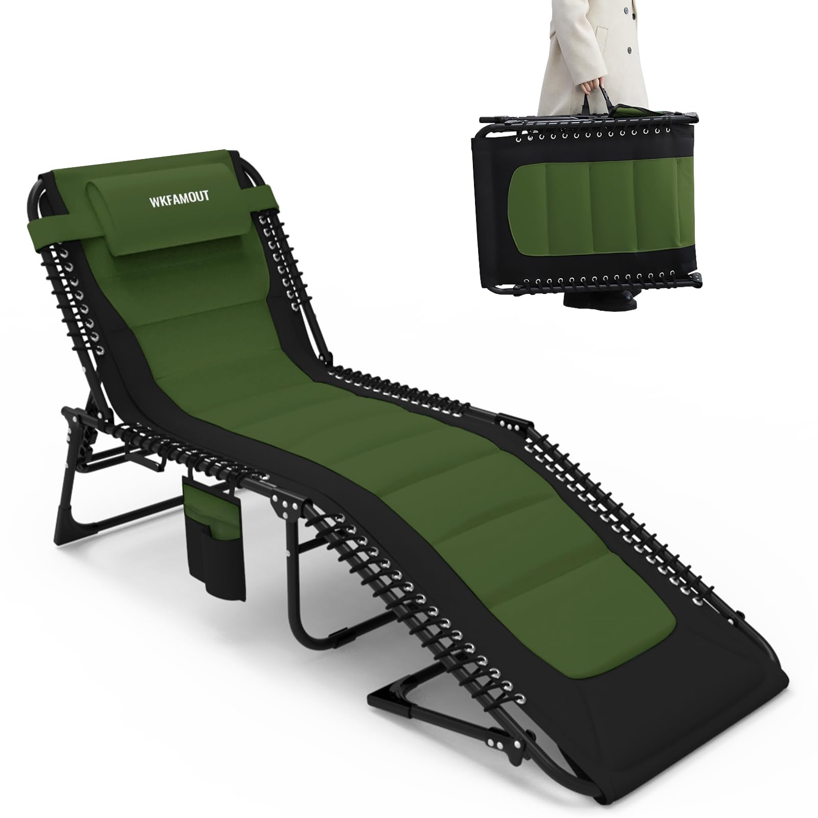 Oversized Padded Outdoor Folding Lounge Chair for Adults 330Ibs Patio Chaise Lounge Chair for Outside 5-Position Adjustable Reclining Beach Chair with Pillow Pocket