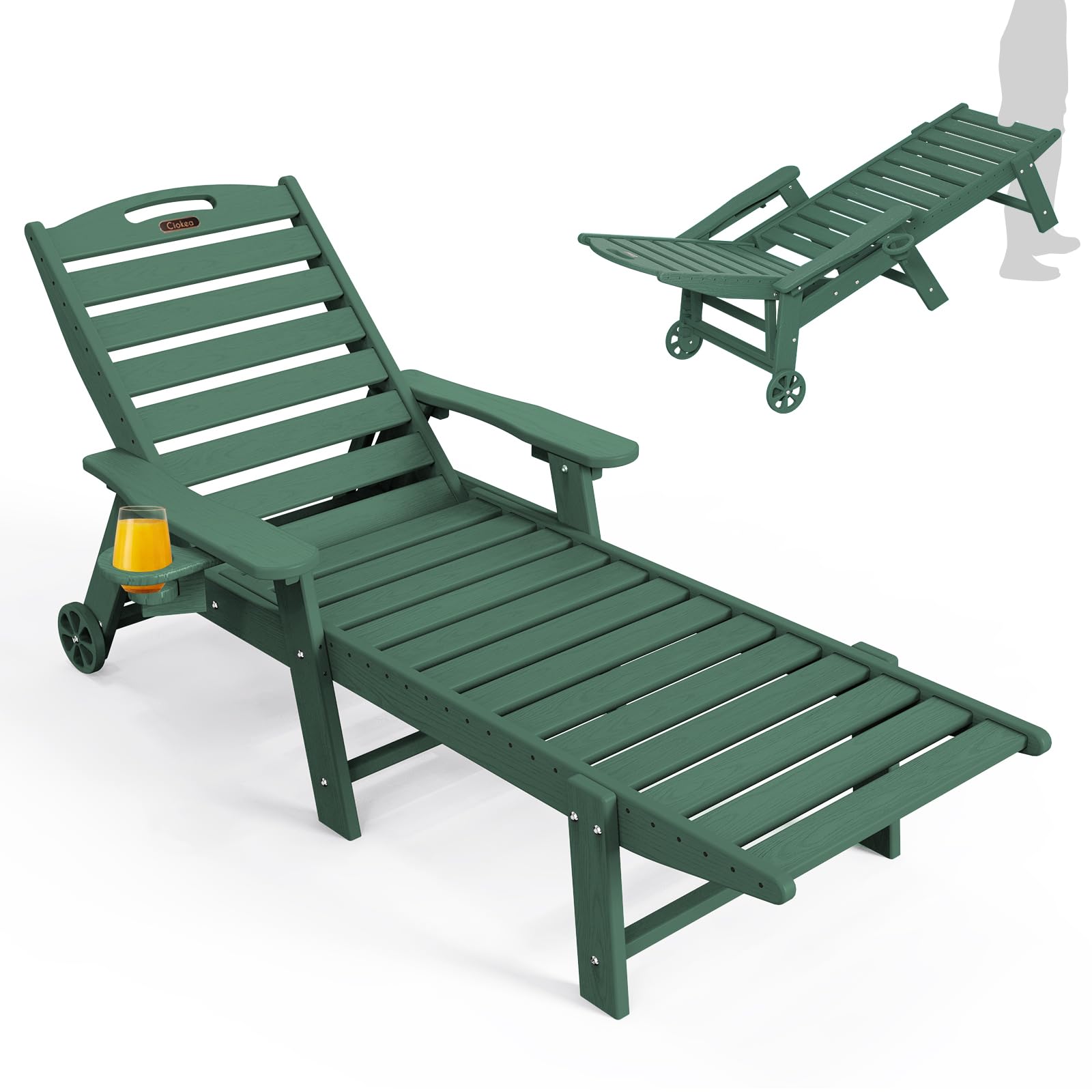 Ciokea Lounge Chair Outdoor, Oversized Chaise Lounge Chair with 5 Positions, HDPE, Patio Lounge Chair with Wheels & Cup Holder for Pool, Deck, Poolside, White