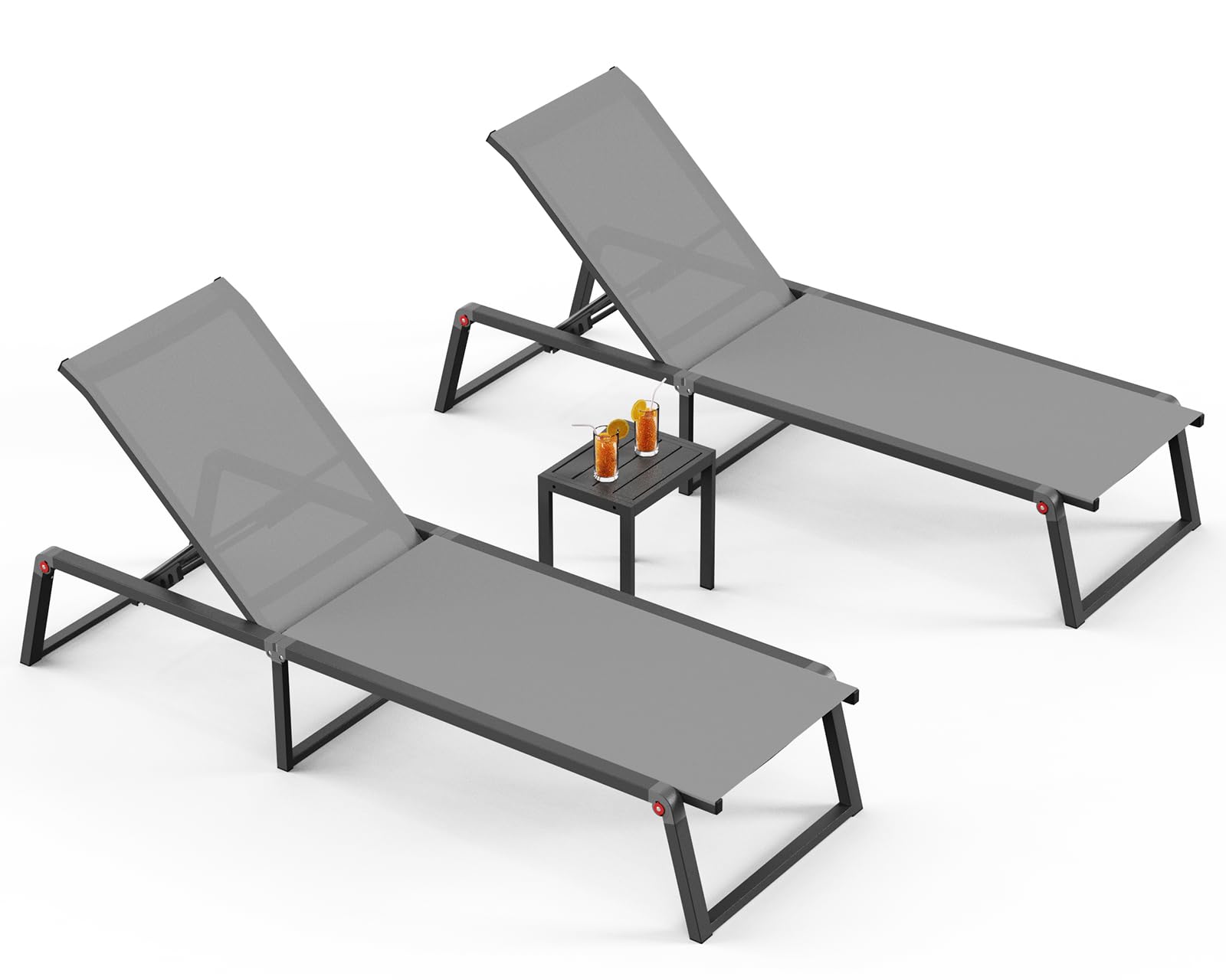 Aluminum Chaise Lounge Chair Outdoor, Foldable & No Assembly Pool Lounge Chairs 5-Position Recliner for Outside Poolside, Fully Grounded Legs Patio Sun Lounger for Pool, Beach, Yard, Dark Grey